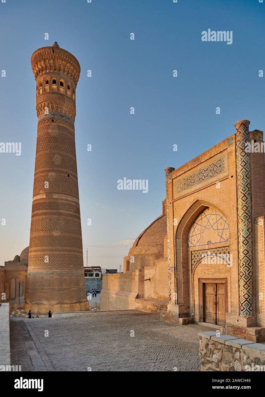 Minareto Di Kalon O Kaylon E Amir Alim Khan Madrassa, Bukhara, Uzbekistan, Asia Centrale Foto Stock