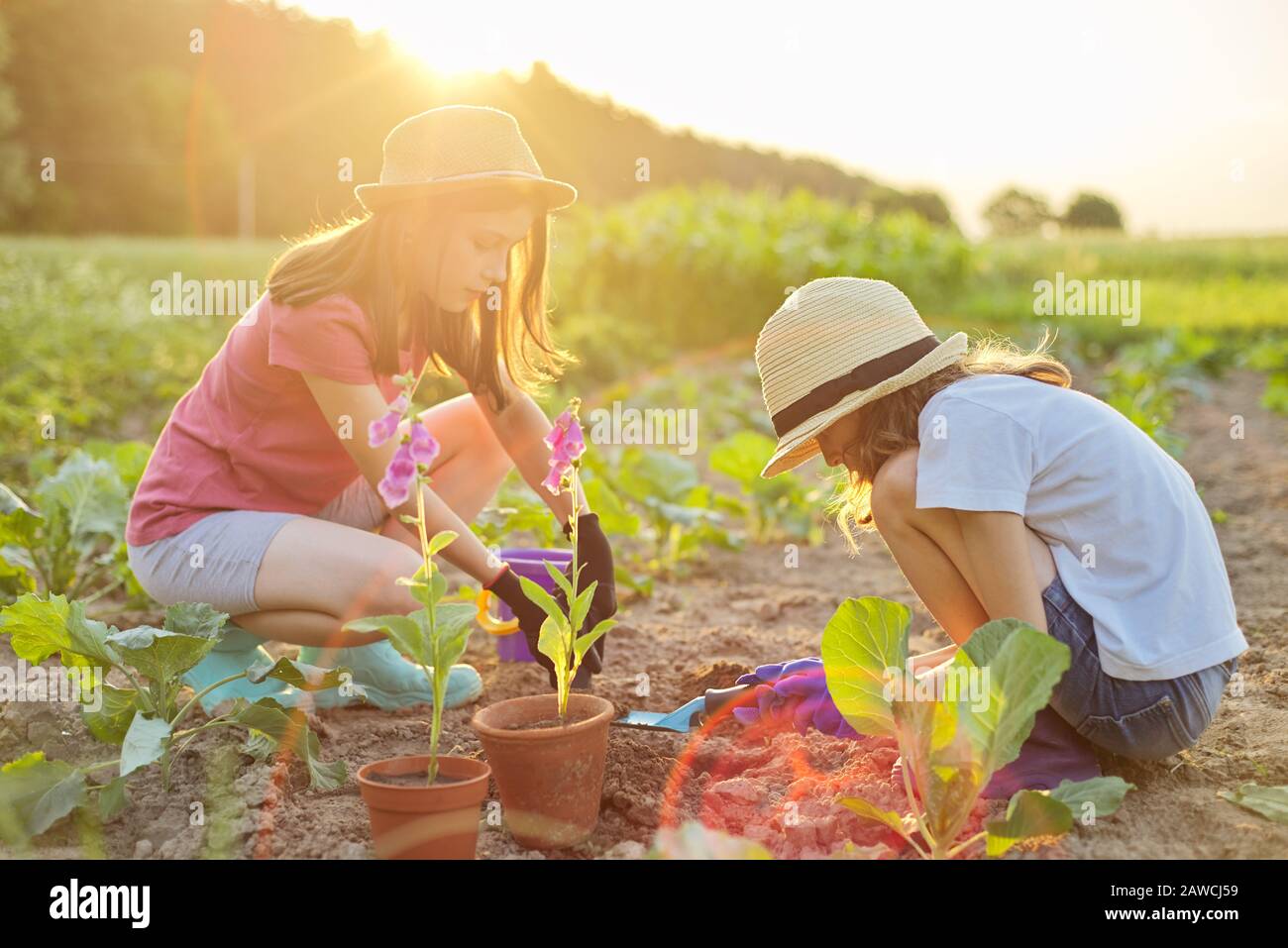 Bambini due belle ragazze con fiori in vaso, guanti con attrezzi da  giardino, piantare piante Foto stock - Alamy