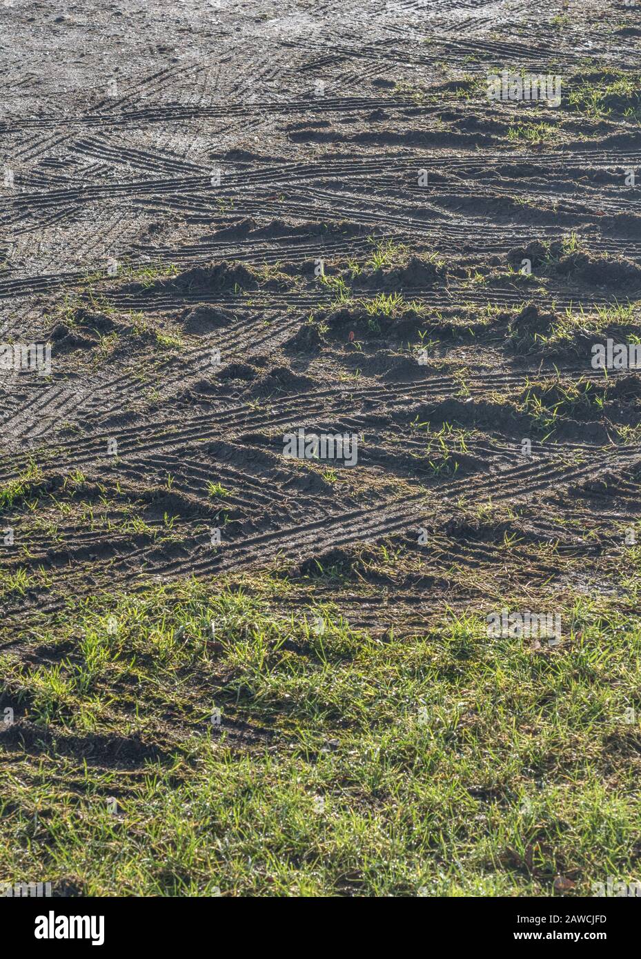 Pneumatici in erba soffice fangosa / cingoli su campo erboso. Curve, curve, curve, tracce di pneumatici, metafora fangosa, terreno fangoso. Foto Stock