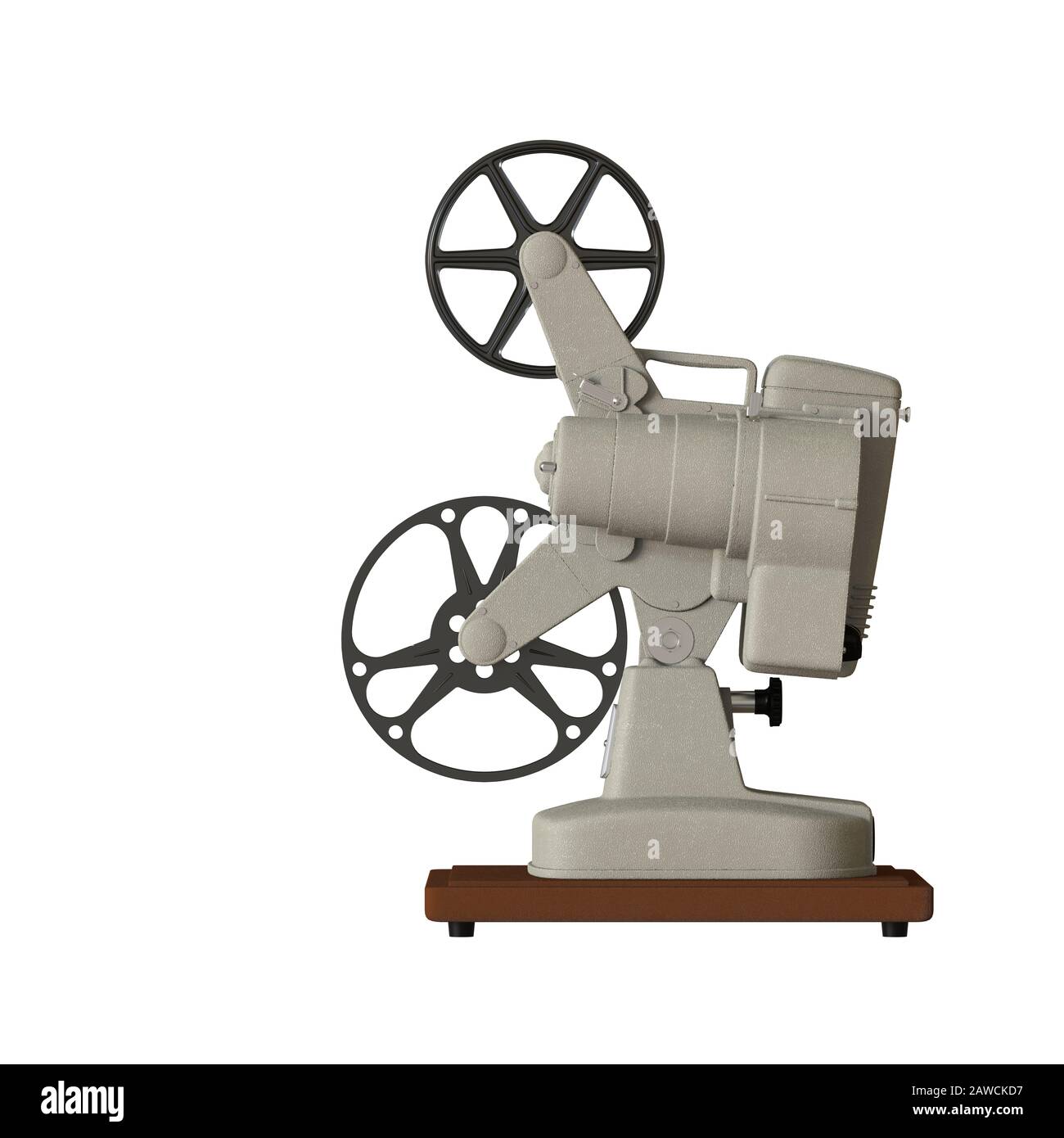 Videoproiettore su sfondo bianco. Isolare. Rendering 3D di qualità eccellente ad alta risoluzione. Può essere ingrandito e utilizzato come sfondo o t. Foto Stock