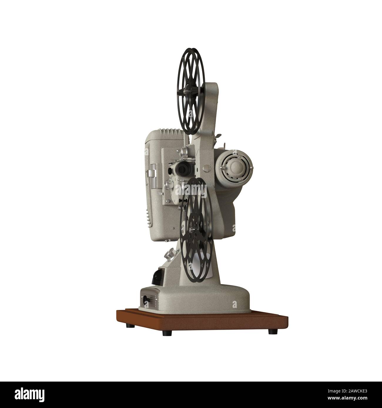 Videoproiettore su sfondo bianco. Isolare. Rendering 3D di qualità eccellente ad alta risoluzione. Può essere ingrandito e utilizzato come sfondo o t. Foto Stock