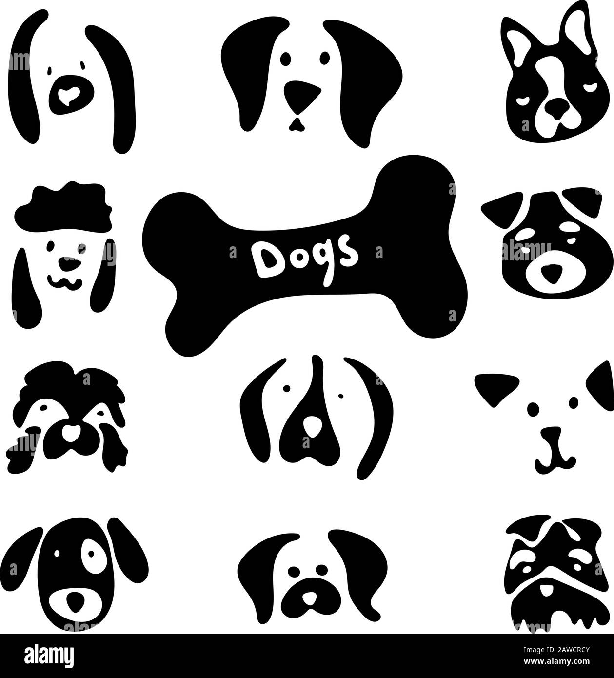 Cane razza stock set con le emozioni cartone animato e volti deliziosi. Immagini vettoriali di cani testa su sfondo bianco per il vostro design. Clispart stock nero e. Illustrazione Vettoriale