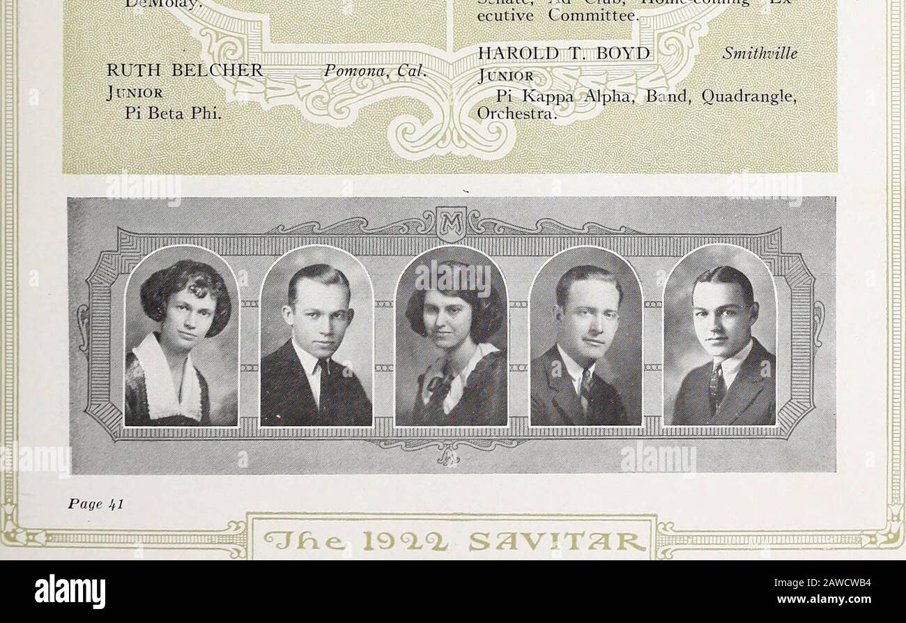 Savitar . LOUIS S. BARATTO ML. Vernon, Poll. J UNIOE ATHERINE BELLJunior Delta gamma. Marshall PAUL E. BASYEJuniorDeMolay. Kansas City Margaret Baxter Kirksvillesenior Kappa Kappa Gamma, Pi Dieta Nu, Theta Alpha Phi, Presto Drammatico Club. WARWICK BENEDICT, JR. Kansas City Benny Junior Beta Theta Pi, Geology Club. Helen BINGHAM Kansas City Senior Kappa Kappa gamma, Mortaio Board, L. S. V., Y. W. C. A. GABINETTO, CONSIGLIO DELLE DONNE. Richard R. BECKER Kansas CityDick JuniorDeMolay. Bond Grant City Senior Phi Kappa Psi, Chi Chi Chi Chi, MizzouRazzers, Consiglio Panellenico, StudentSenate, ad Club, Home-Coming Foto Stock