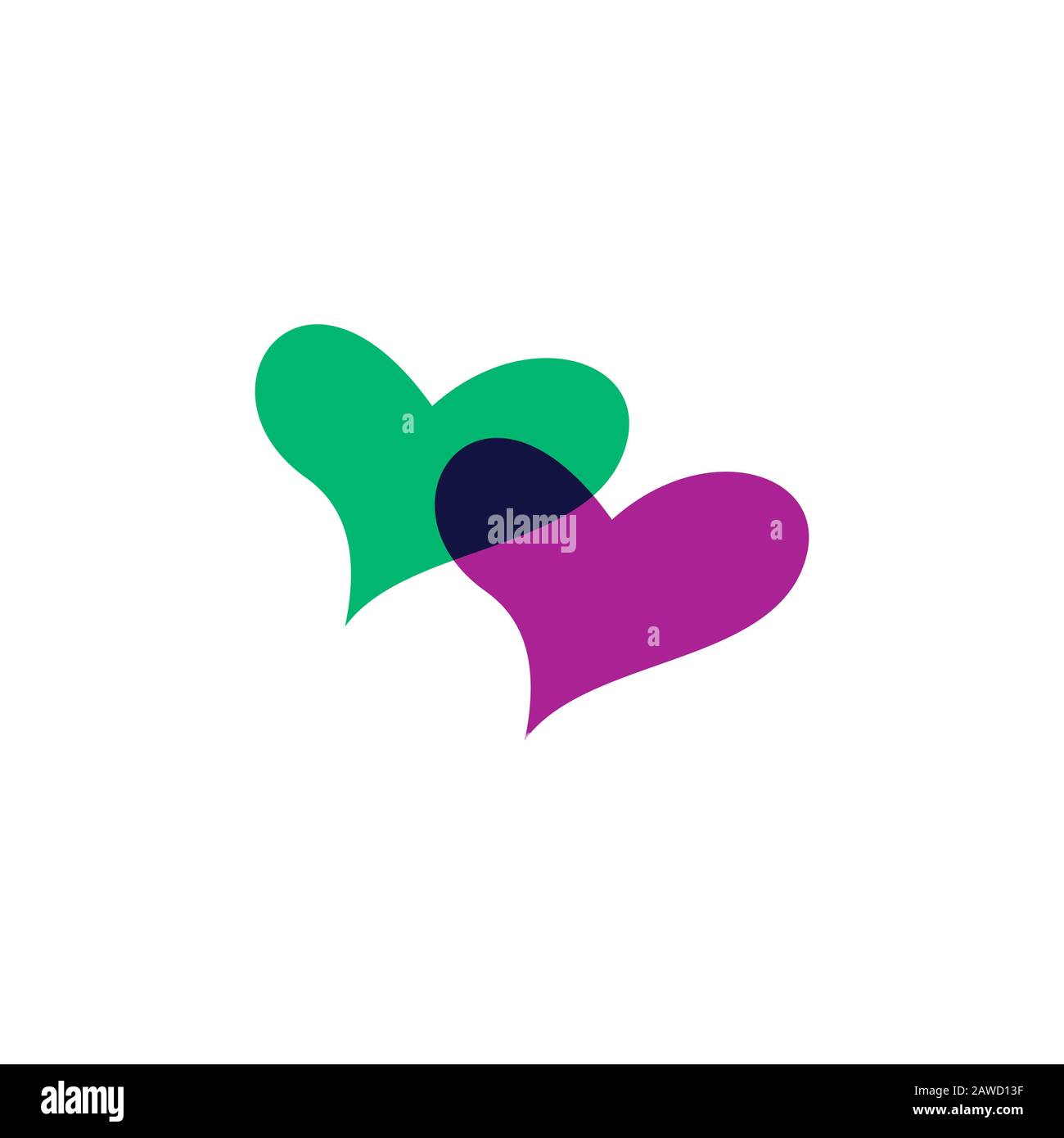 Icona del cuore isolata su sfondo bianco. Simbolo d'amore. Felice San Valentino e elementi di design per matrimoni. Romantico cuore verde e viola. vecto semplice Illustrazione Vettoriale