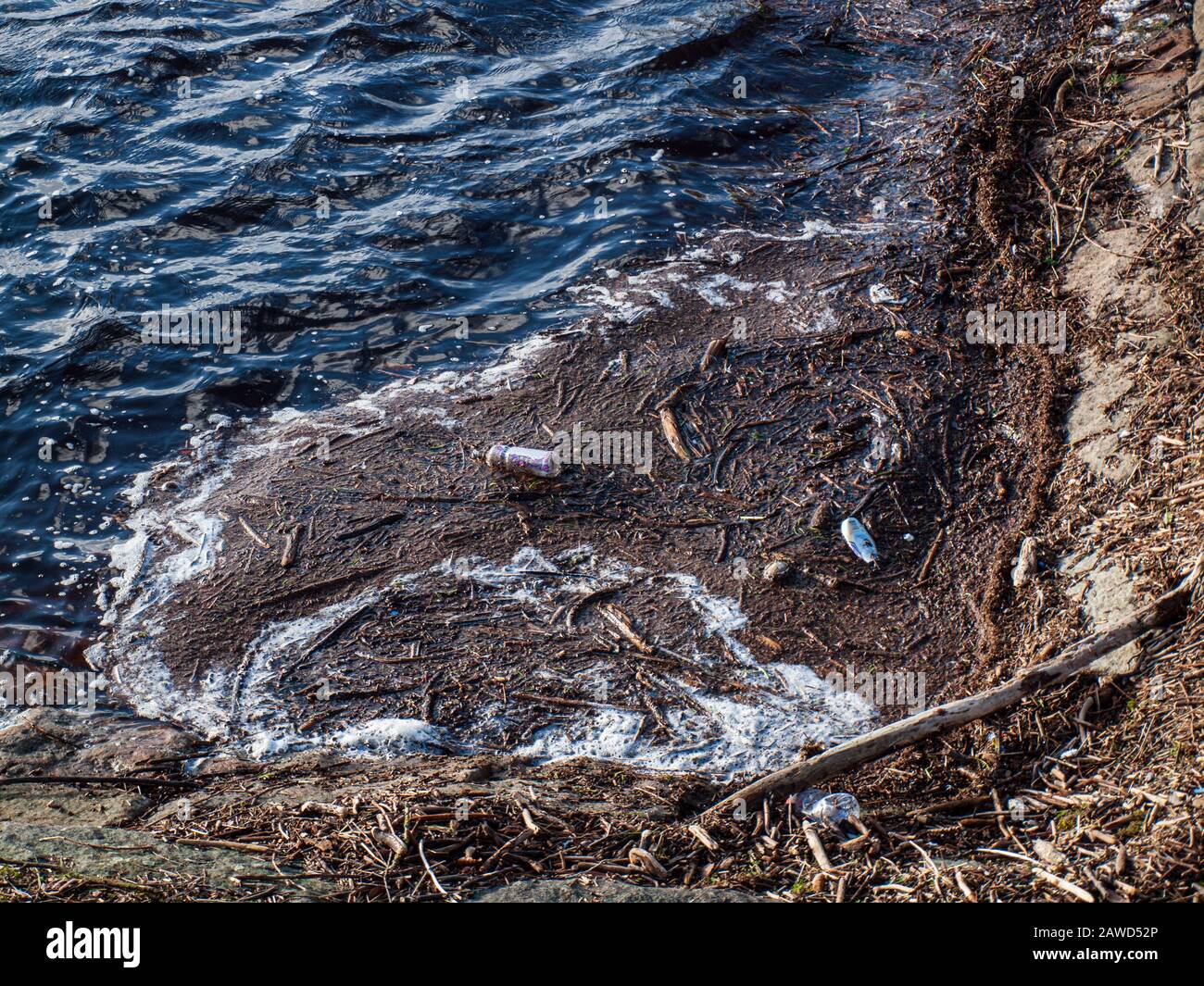 Bottiglie di plastica per rifiuti galleggianti sulla superficie dell'acqua del lago Foto Stock