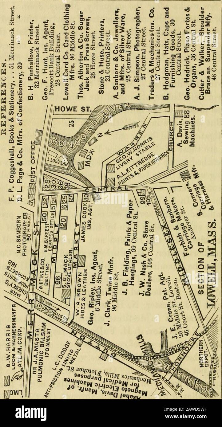 Storia della città di Lawrence . iniò ferite del signor Palmers. Aveva tre ciambelle attraverso il collo di una natura seria, che potrebbe avere avepaused la morte, ma ha avuto anche lesioni interne. Il Sig. Palmerapparteneva a Rochester, N. H.. Dove un lavoro dipendente dalla famiglia è stato lasciato in circostanze indigenti. Un appello inloro nome dal Rev. J. H. Fuller è stato risposto a liberallyon la parte del comitato di sollievo qui, e il benevolentin altri luoghi. Il signor Henry Nice è andato giù con il mulino, ma non è stato molto ferito. Quando si estricava, trovò agirl sul pavimento con un pezzo di albero attraverso il suo n. Foto Stock