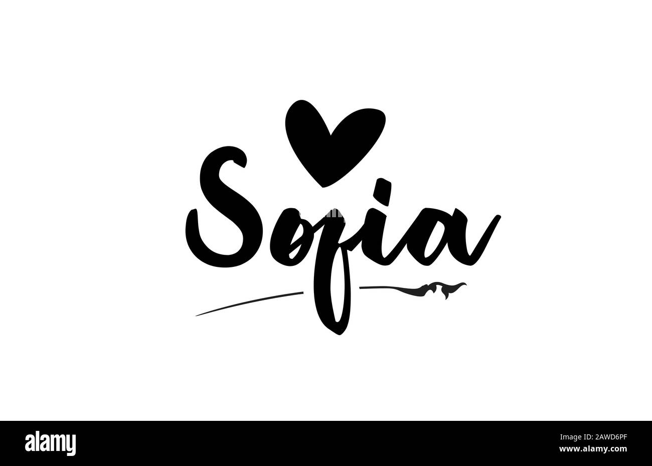 Sofia nome testo parola con amore cuore mano scritta per logo tipografia modello di progettazione. Può essere utilizzato per un logotipo aziendale Illustrazione Vettoriale
