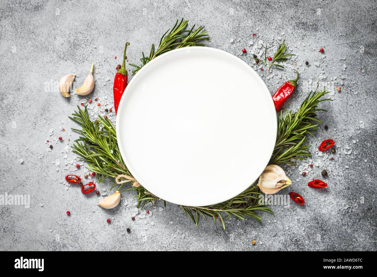Cucina sfondo sul tavolo da cucina vista dall'alto. Foto Stock