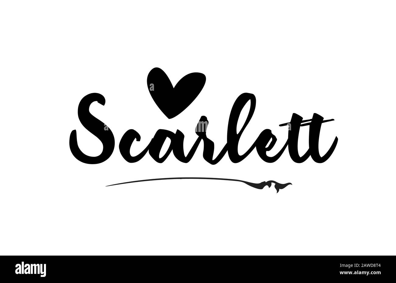 Scarlett nome parola di testo con amore cuore mano scritta per logo tipografia modello di progettazione. Può essere utilizzato per un logotipo aziendale Illustrazione Vettoriale