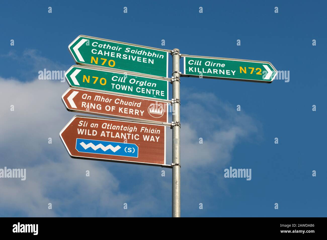 Ring of Kerry and Wild Atlantic Way indicazioni stradali bilingue in inglese e Gaelic Irish vicino Killorglin, County Kerry, Irlanda Foto Stock