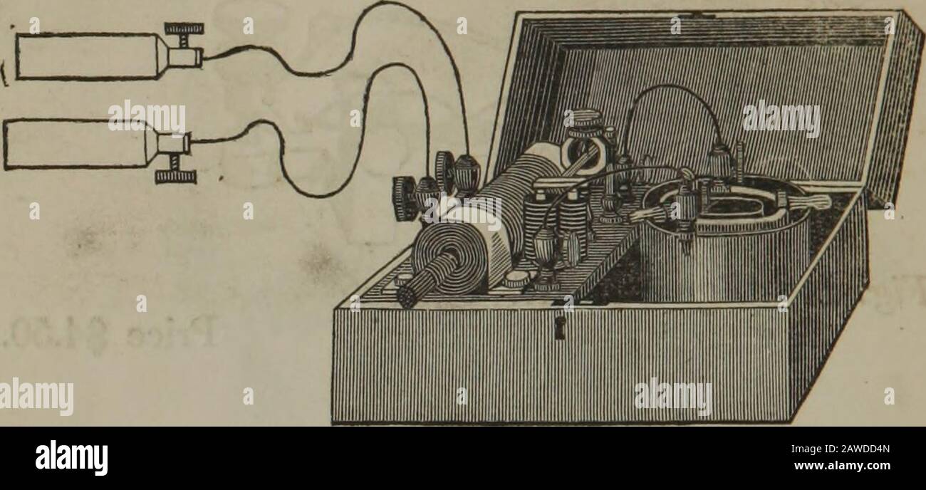 Catalogo degli apparecchi, per illustrare il magnetismo, la zincatura, l'elettrodinamica, l'elettromagnetismo, la magnno-elettricità . Fitr N. Locomotiva elettromagnetica e auto.^ €35.00. 46 DAVISS CATALOGO DI APPARECCHI. Fig. F.. Fig. F. Apparecchio Box per uso medico. Prezzo: 10, 12 e 14 dollari. Filo di rame coperto, per lb., da 75 centesimi a 1,50 dollari. Filo E Lamina In Platino. Filo sottile di platino per esperimenti. Celle Porose Per Batterie Galvaniche. Cilindri e Piastre in zinco per Batterie. Scivola In Platino Per Batterie Di Boschetti. Apparecchio per Gilding e Silvering, con istruzioni. Apparecchio Telegrafico Per Linee Telegrafiche, Foto Stock