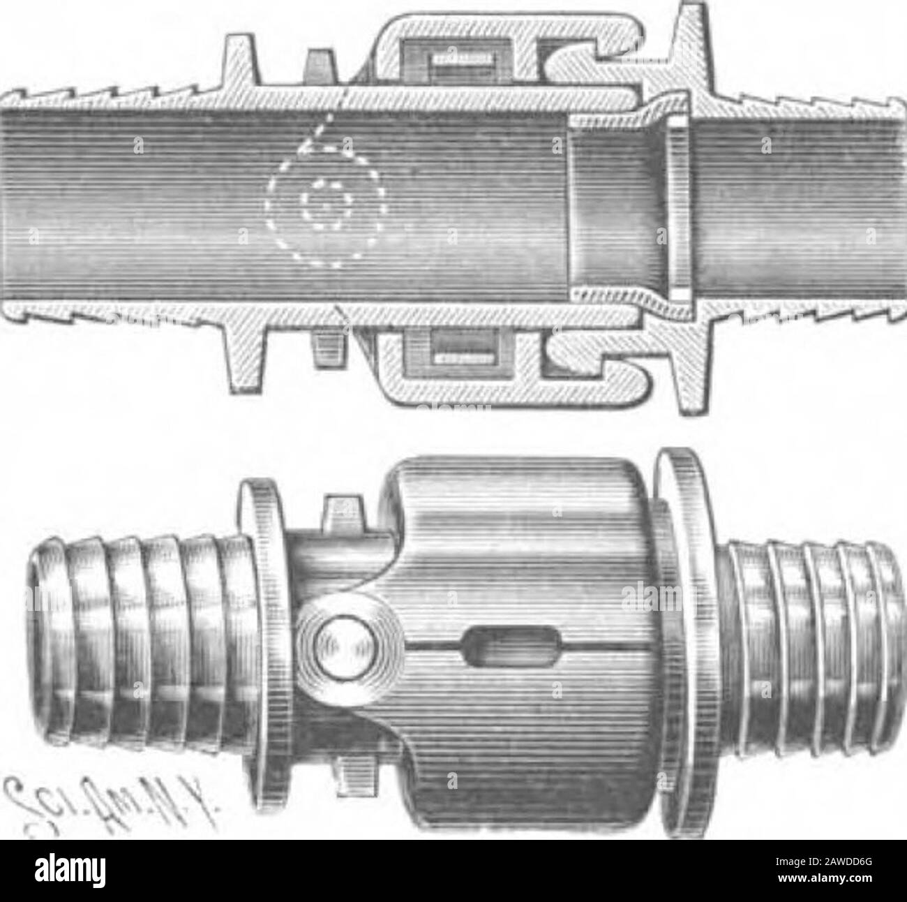 Volume Americano Scientifico 76 Numero 13 (Marzo 1897) . tra i corpi principali delle ganasce ed il tubo è presente una molla, e le ganasce hanno una flangia interna che forma un fermo per i ganci della sezione di fissaggio. Le molle agiscono normalmente per trascinare i ganci esterni l'uno verso l'altro, e una formazione allungata è formata in parte in ciascuna ganascia per l'inserimento di un attrezzo per fare leva le ganasce. L'altra sezione di accoppiamentoha un anello o collo sul quale è un gancio anulare atto ad essere impegnato dai ganci delle griffe quando ilo parti dell'aredi accoppiamentospinti insieme,le superfici di accoppiamentoessendo arrotondatoassicurano un Foto Stock