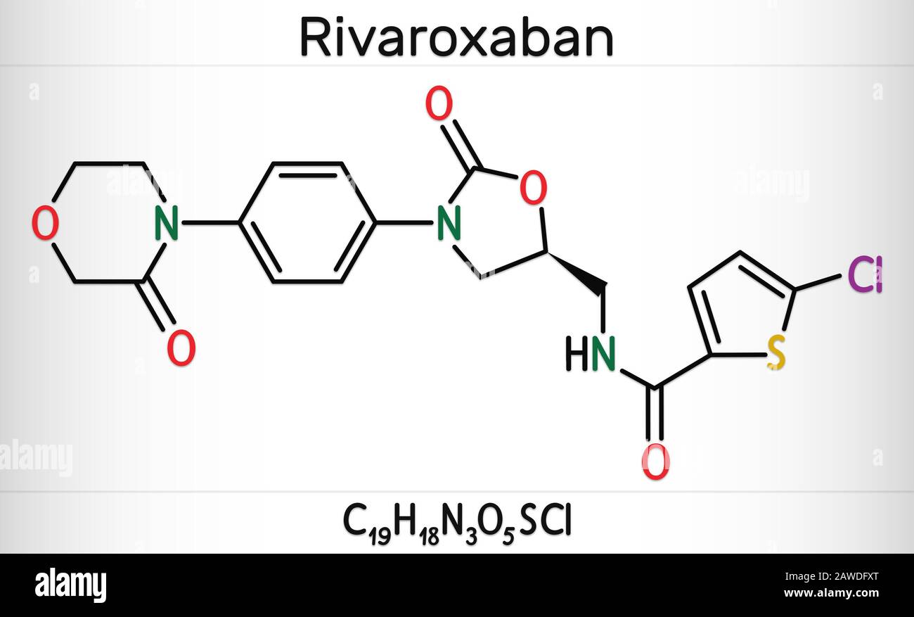 La molecola di rivaroxaban. È un anticoagulante e l'inibitore diretto del fattore Xa attivo per via orale. Formula chimica scheletrica. Illustrazione Foto Stock