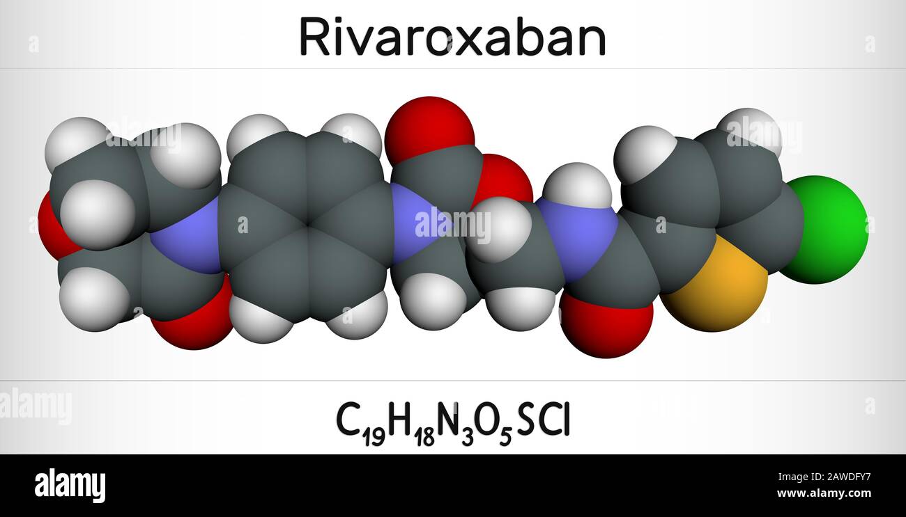 La molecola di rivaroxaban. È un anticoagulante e l'inibitore diretto del fattore Xa attivo per via orale. Modello molecolare. Rendering 3D Foto Stock