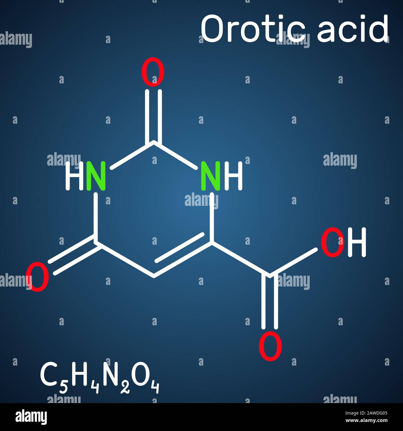 Molecola di acido orotico. Si tratta di un pirimidinedione e di un acido carbossilico. Formula chimica strutturale sullo sfondo blu scuro. Illustrazione del vettore Illustrazione Vettoriale