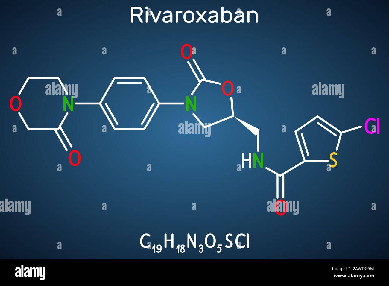 La molecola di rivaroxaban. È un anticoagulante e l'inibitore diretto del fattore Xa attivo per via orale. Formula chimica strutturale sullo sfondo blu scuro Illustrazione Vettoriale