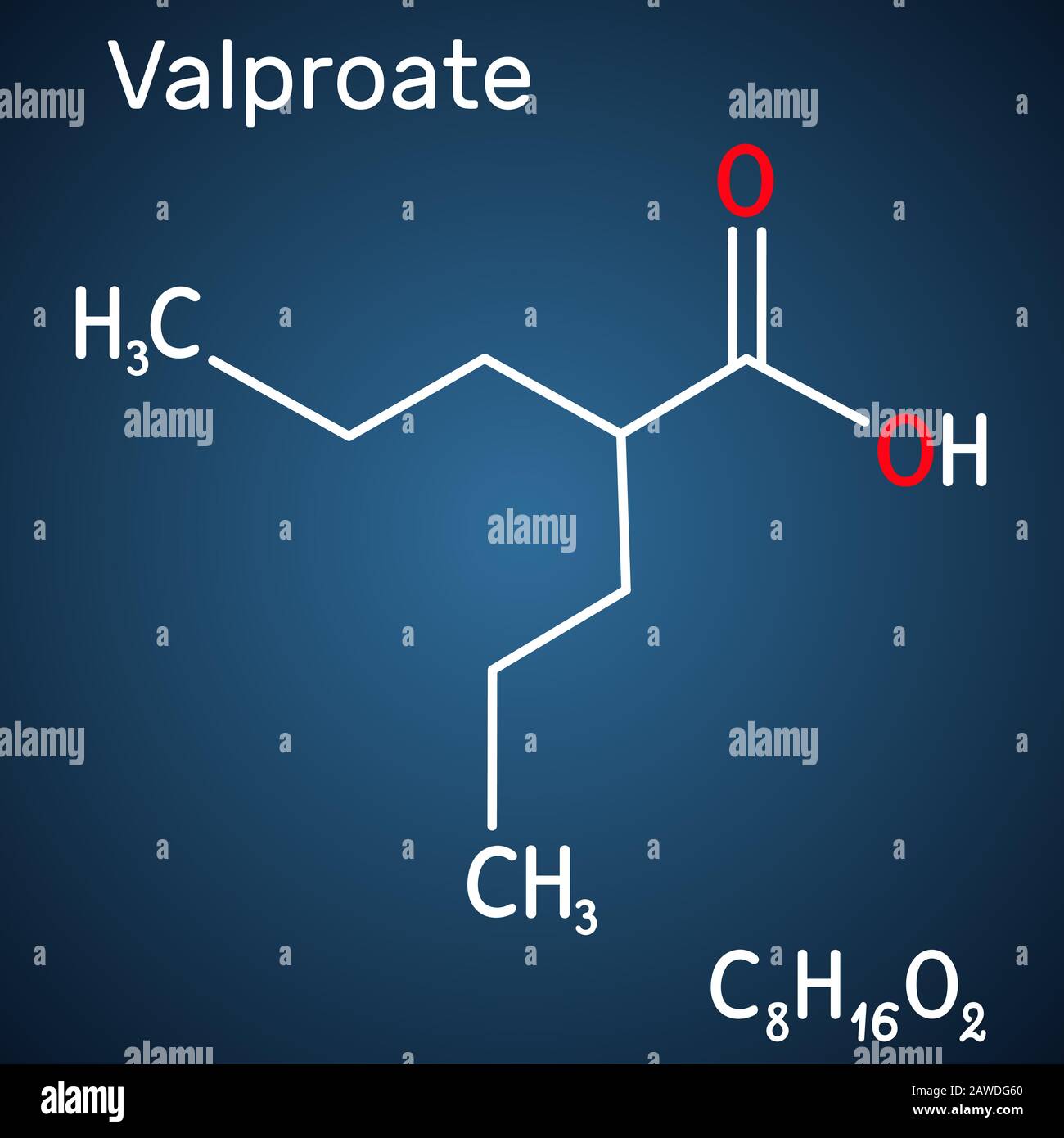 Valproato Vpa Molecola Di Acido Valproico E Un Farmaco Anticonvulsivo E Antiepilettico Formula Chimica Strutturale Sullo Sfondo Blu Scuro Vettore I Immagine E Vettoriale Alamy