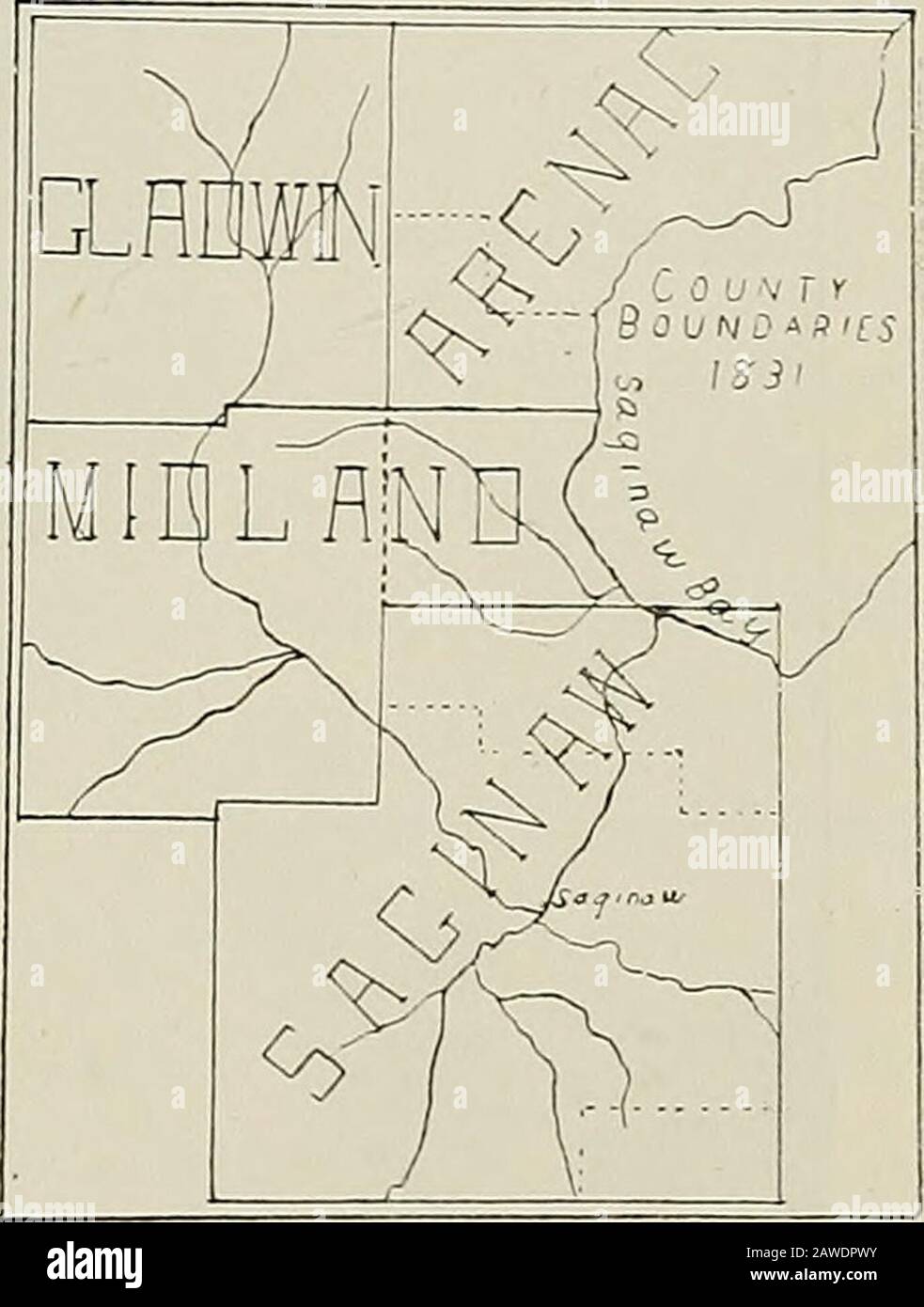 Contea di Bay passato e presente . rn boun^daries di Williams e Monitor Townships, ma la valle è stato ancora governato attraverso Oakland. (2) Poi, nel 1831, quando più persone si trasferirono nelle contee di Saginaw Valley, Midland e Arenac si erano formate, la contea di Saginaw comprendeva il sud, Midland il centro(3), E Arenac la parte settentrionale (4) dell'attuale Bay County..Ma ancora il governo di tutti i northeasternMichigan è stato portato avanti attraverso SaginawCounty, come le altre contee non sono stati yetorganized con i funzionari regolari della contea. Tra il 1805 e il 1837 i settlementdel Michigan meridionale erano stati rapi Foto Stock