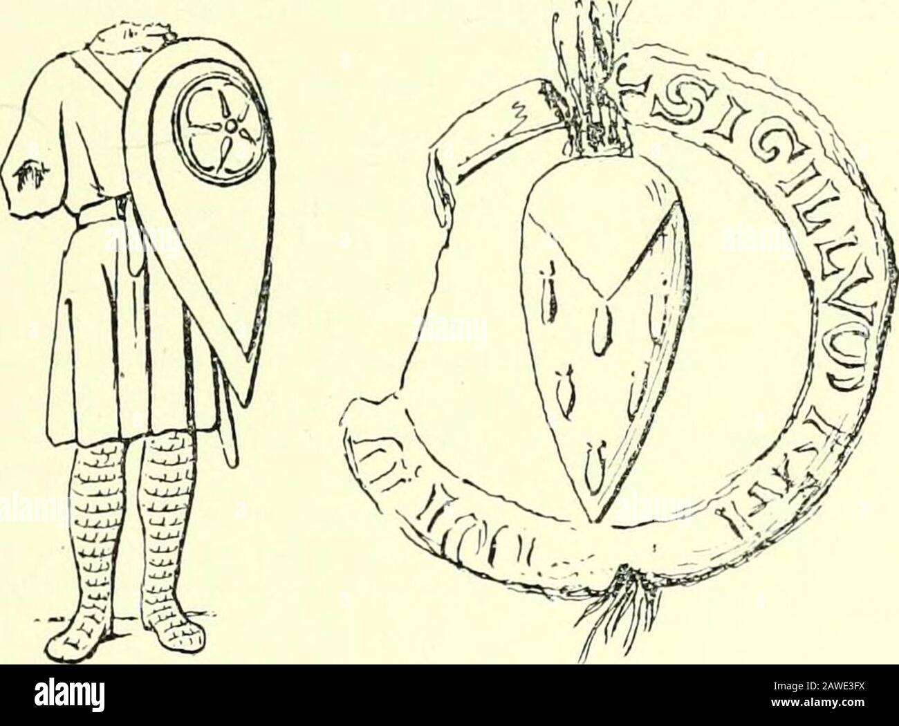 Nouvelle histoire de Lyon et des Province de Lyonnais, Forez, Beaujolais, Franc-Lyonnais et Dombes . son bord supérieur, permettait de le suspre au.Hors du Combat ou dans une fuite, on le jetait derrière le dos.Quant à sa forme, il était arrondi en haut et se rétrécissait gra-duellement de manière à se terminer en pointe (fig. 267 à 269).Cette armi défensive, qui se maintint telle jusquau xme siècle,nétait pas, comme on se limagine, impénétrable. Un colpo di Stato delance la perçait facilement et souvent traversait à la fois leboumclier et le haubert. Lépée droite, sans pointe, épaisse, largedenv Foto Stock