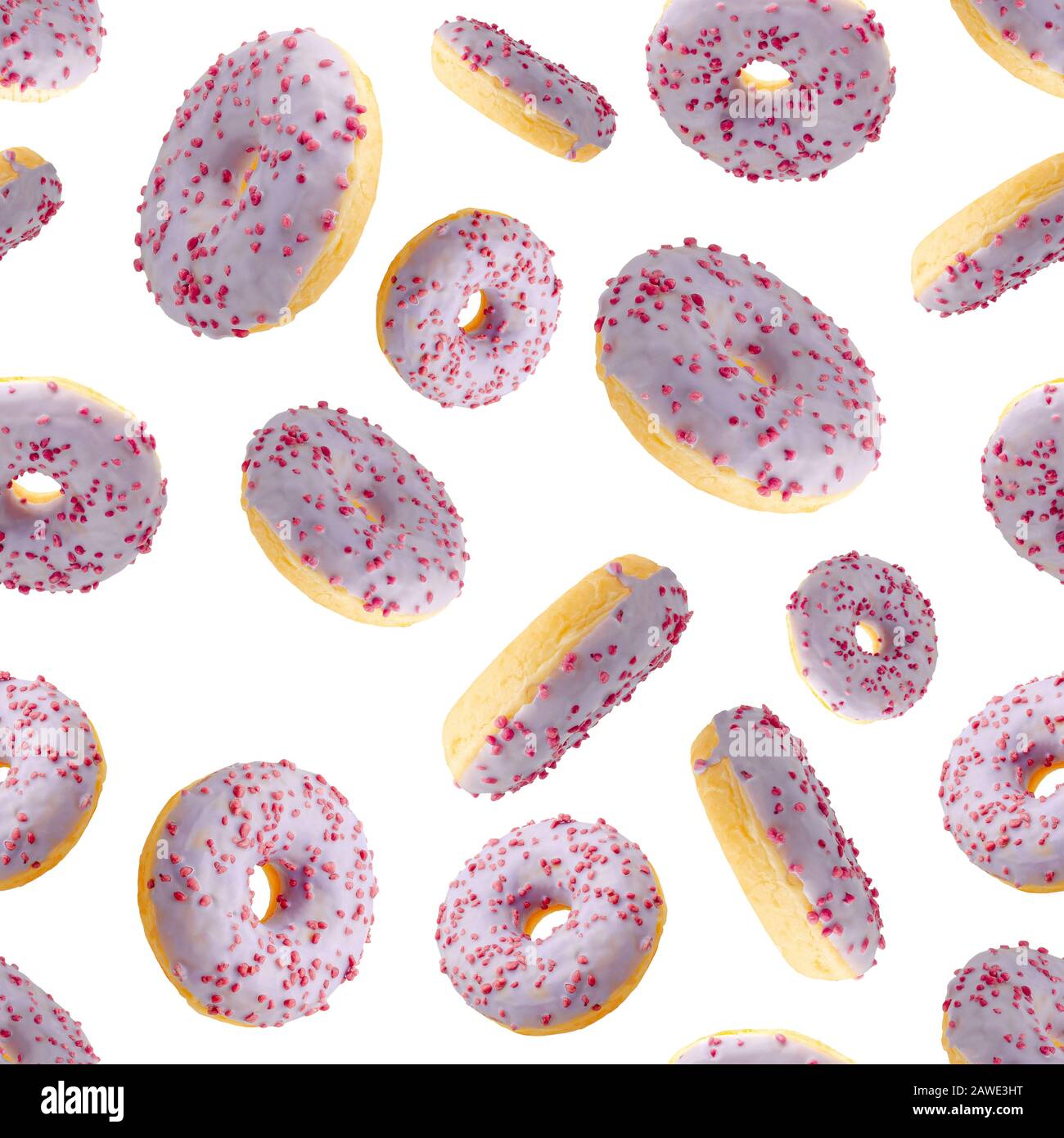Motivo senza cuciture con ciambelle viola su bianco. Imballaggio, stampa tessile e sfondo carta da parati. Foto Stock