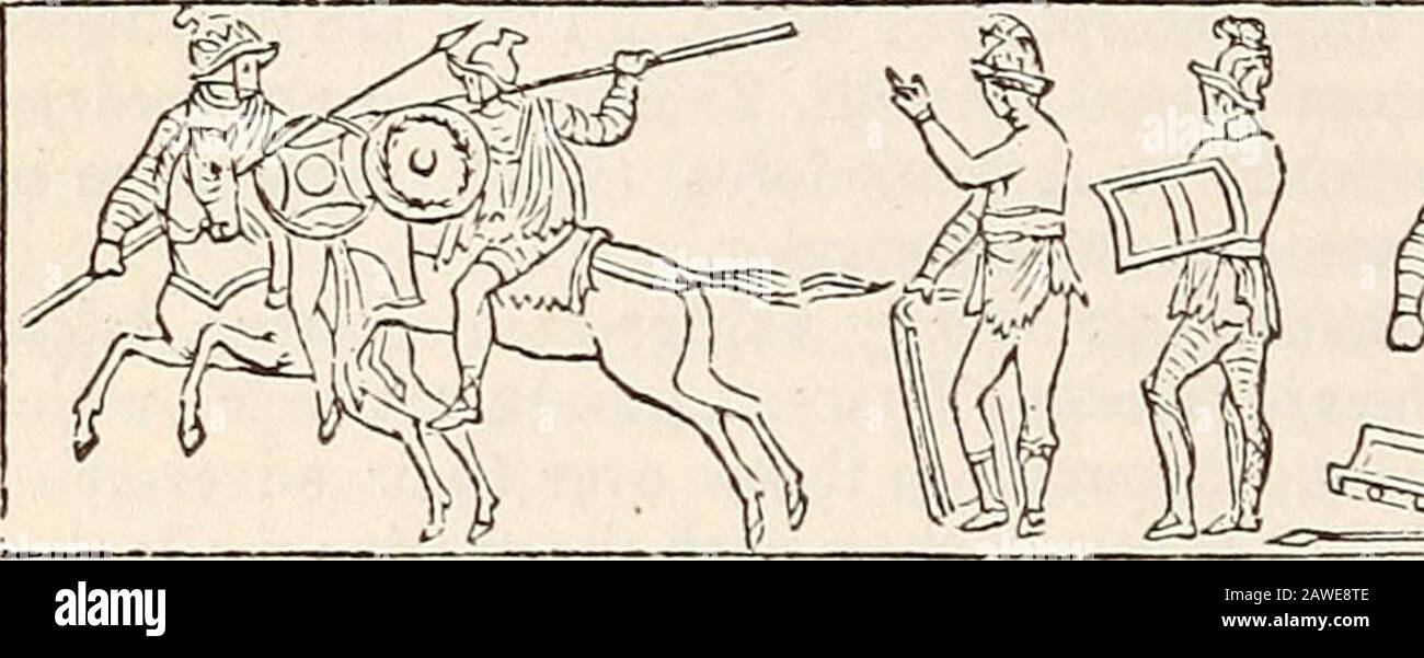 Un dizionario di antichità greche e romane.. . 210.) se il vecchio readingin una lettera di Ciceros (ad Ait. VII. 14) è corretto, Giulio Cesare aveva non meno di 500 secutores in hisludus a Capua ; ma sembra probabile che lo scutorum letto invece di secutorum. Suposititii. Vedere Secutores. Thraces o Tliteces sono stati armati come il Thra-cians con uno scudo rotondo o buckler (Festus, s. v.Thraeces), e una spada corta o pugnale (sica, Suet.Cat 32), che è chiamata falx supina da Juvenal(viii. 201). Essi sono stati di solito abbinati, come già detto, con i mirmilloni. Il woodcut in quenesto colum Foto Stock