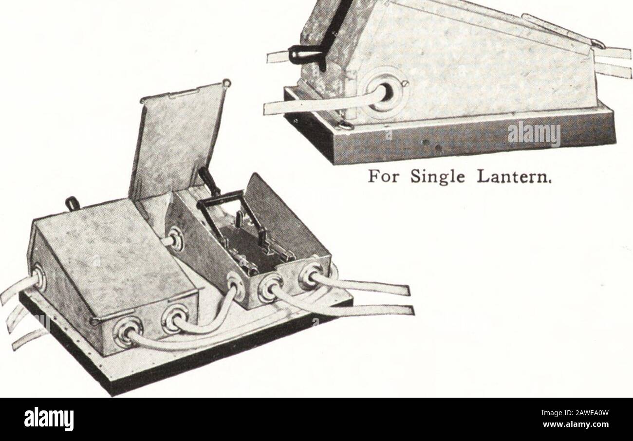 Catalogo di stereoticon, macchine per immagini di movimento, apparecchi di proiezione : prodotti ed importati dalla McIntosh Stereopticon Company . Per Lanterna Doppia. La scheda di commutazione a combinazione è una grande comodità e in somelocalità è richiesto dalla legge. È costituito da un interruttore a doppia asta e da una scatola fusibili chiusa, interamente racchiusa in una speciale scatola di ferro zincata, montata su un pannello rivestito di amianto e dotata di cavo coperto da asbes-tos. Il prezzo della scheda di commutazione è di € 6,50, prezzo netto a €6,50, doppia tavola come illustrato, netto 10,50 48 McIntosh STKHKOPTICON CO., CHICAGO Foto Stock