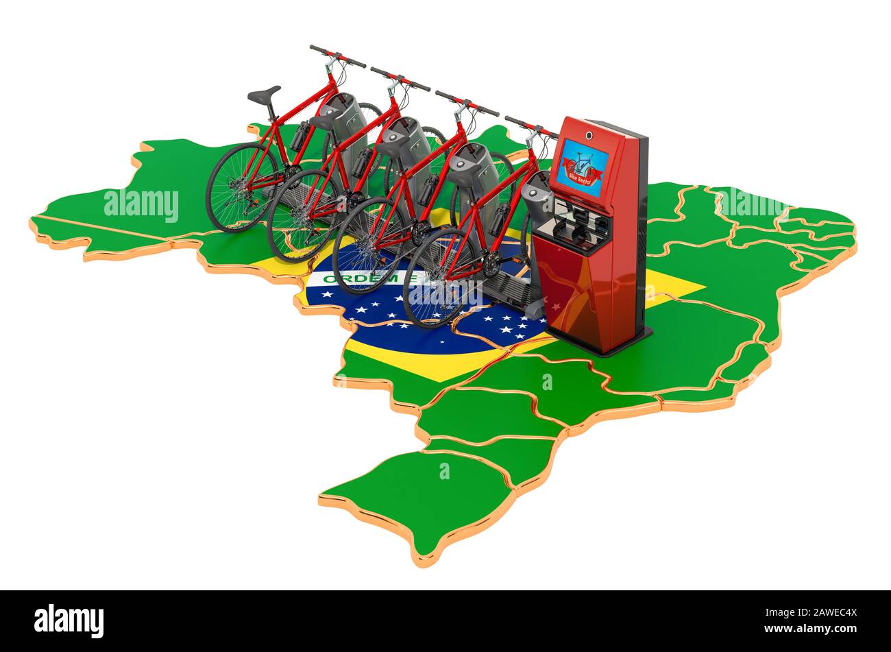 Sistema di condivisione biciclette in Brasile Concept, rendering 3D isolato su sfondo bianco Foto Stock