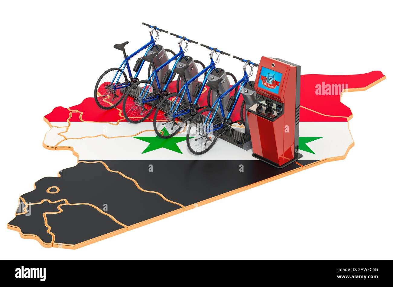 Sistema di condivisione biciclette in Siria Concept, rendering 3D isolato su sfondo bianco Foto Stock
