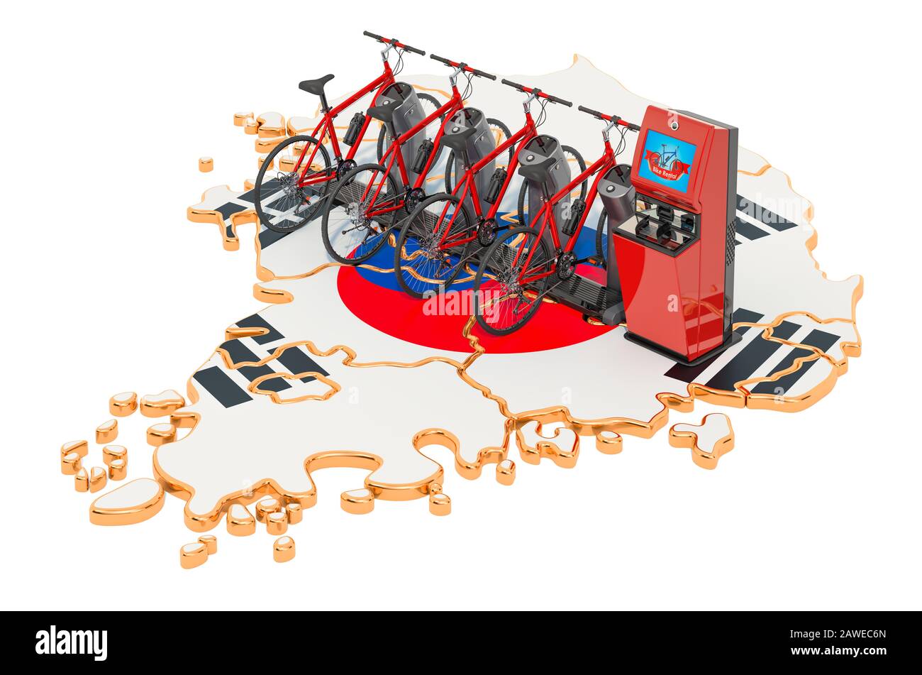 Sistema di condivisione biciclette in Corea del Sud Concept, rendering 3D isolato su sfondo bianco Foto Stock