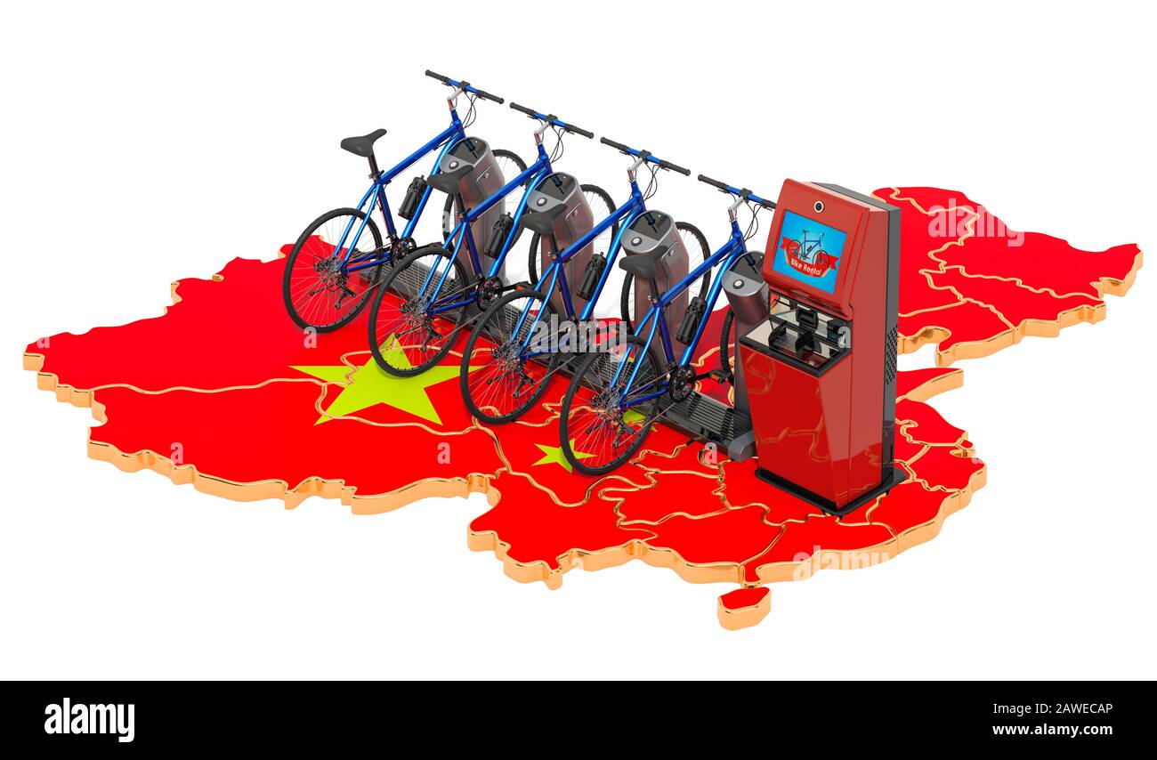 Sistema di condivisione biciclette in Cina Concept, rendering 3D isolato su sfondo bianco Foto Stock