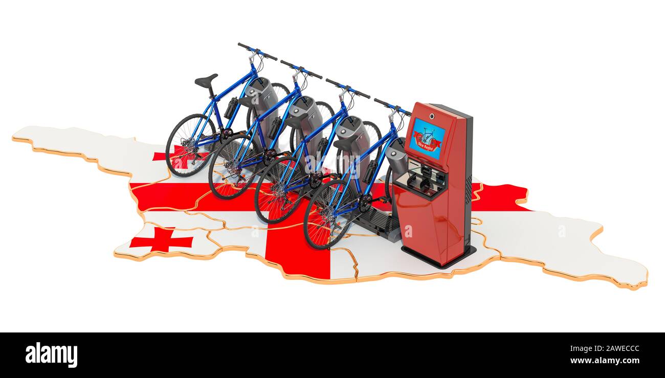 Sistema di condivisione biciclette in Georgia Concept, rendering 3D isolato su sfondo bianco Foto Stock