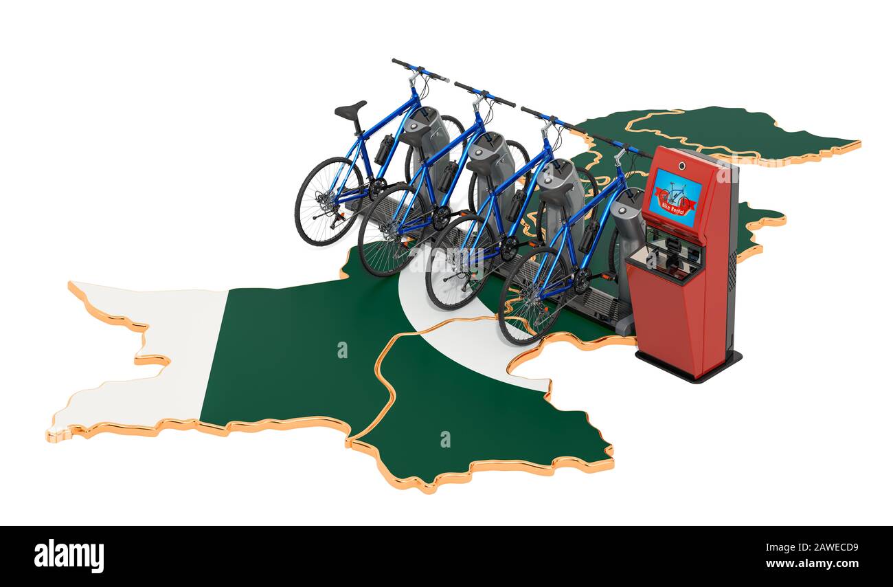 Sistema di condivisione biciclette in Pakistan Concept, rendering 3D isolato su sfondo bianco Foto Stock