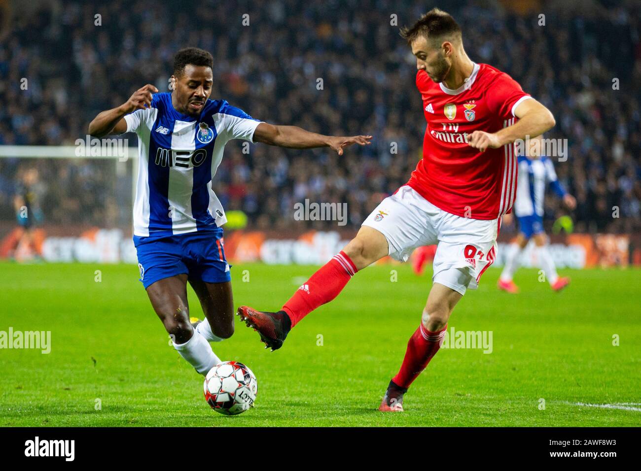 Il giocatore di FC Porto Mamadou Loom (L) e il giocatore di SL Benfica ferro (L) sono visti in azione durante la partita per la prima lega portoghese al Dragon Stadium l'8 febbraio 2020 a Porto, Portogallo. Foto Stock
