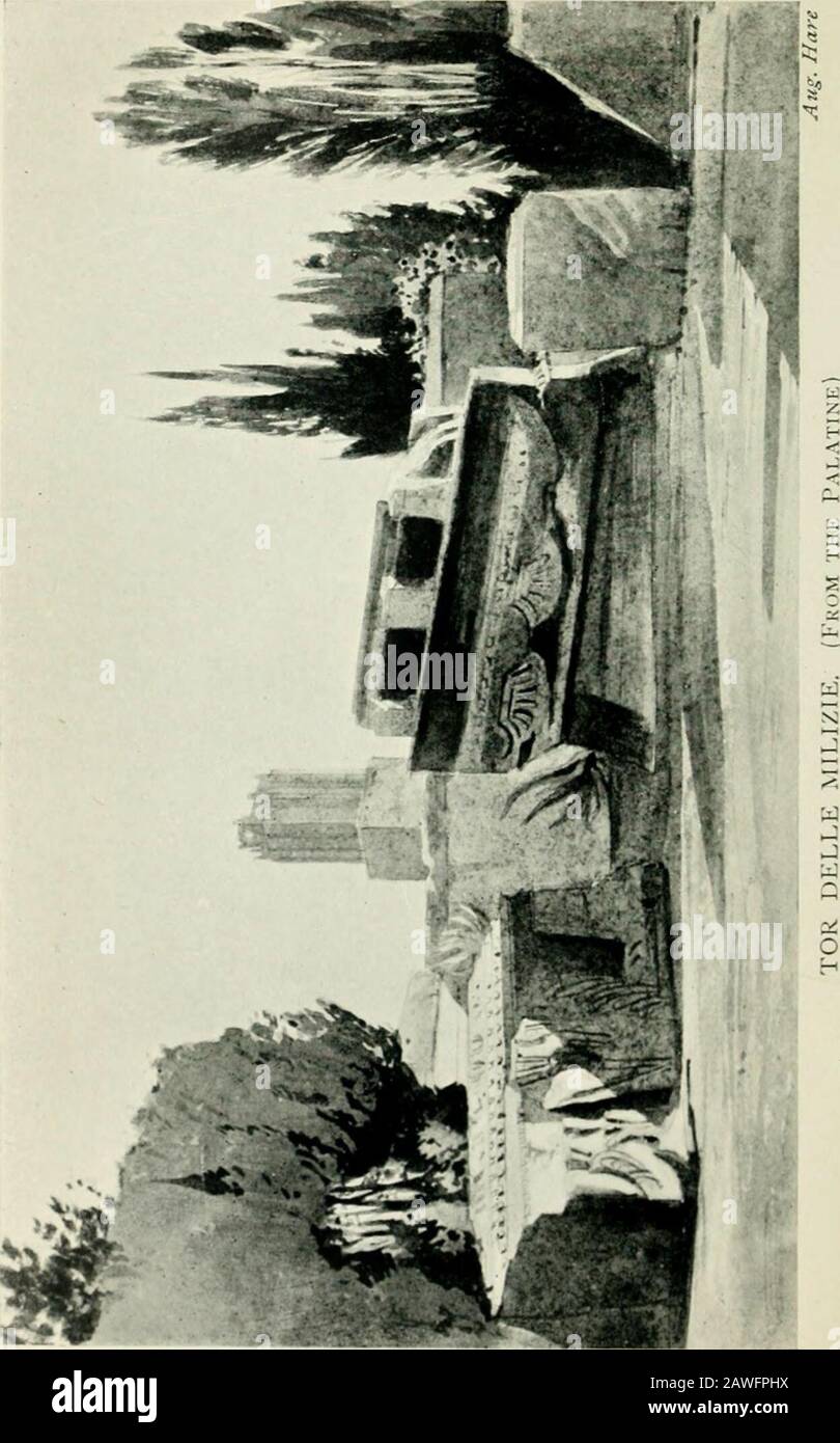 Passeggiate a Roma (compresi Tivoli, Frascati e Albano) . F. Tuckett. Passeggiate a Roma 321 incrocio con una palma, al centro della quale si conserva l'antico muro del tempo del re Servius TuUius.Un altro frammento, nel vicino Palazzo Antonelli, conserva un'arcata di pietra amasiva, supposta la porta Fontinalis. Le fondamenta sotto questo arco sono importanti come mostrare l'uso di cemento fin dai tempi dei re. Il palazzo fu edificato da uno dei nipoti di quel grande cardinale, di brige-ascendenza, che fu a lungo il primo ministro di Pio IX AntoneUi era il Foto Stock