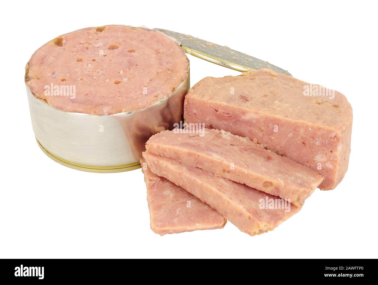 Carne di prosciutto in scatola lavorata di bassa qualità a basso costo isolata su uno sfondo bianco Foto Stock