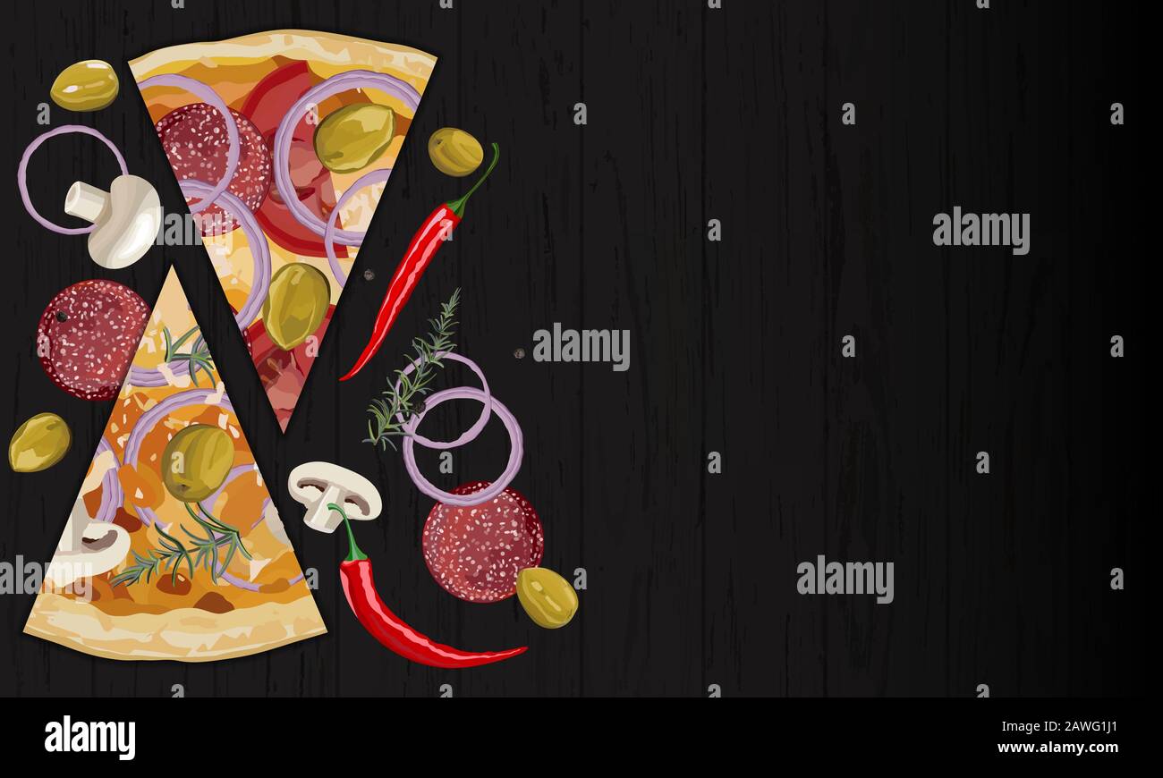Italiano originale salsiccia per pizza e pizza a fungo fetta su sfondo nero Illustrazione Vettoriale