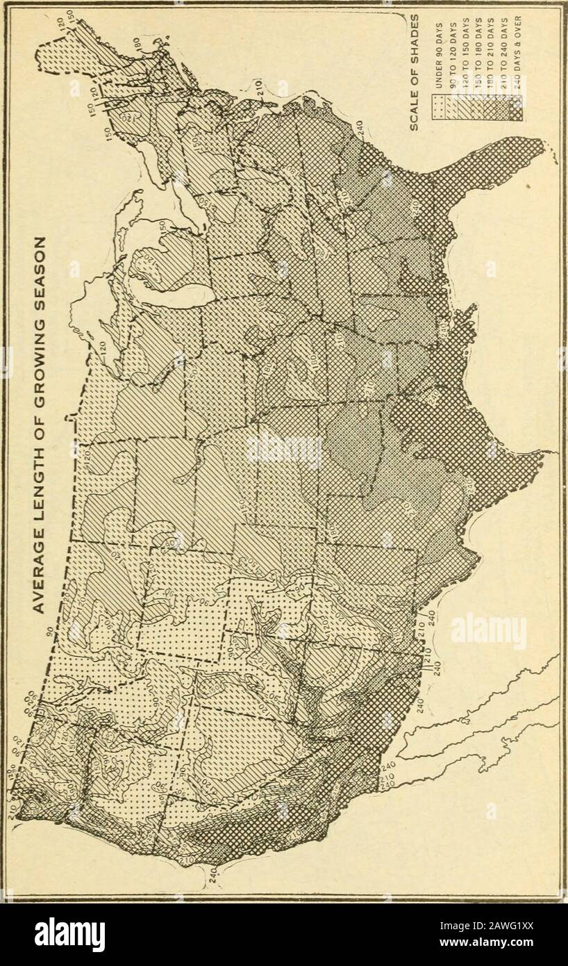 Seedtime e raccolto : una sintesi grafica dei lavori stagionali sulle colture agricole . Fig. 9.- Date Medie del primo gelo che uccide in caduta. Mappa molto ridotta e generalizzata da una mappa preparata dagli Stati Uniti Weather Bureau e la pubblicazione nella Frost e la sezione Crescente Stagione dell'Atlante dell'Agricoltura americana. Lavori Stagionali Su Colture Agricole. 13. Fig. 10.- durata Media della stagione in crescita. Mappa molto ridotto e geu eralized frommin la Frost 1 una mappa preparata dagli Stati Uniti Weather Bureau e la pubblicazione della Stagione .•sezione dell'Atlante dell'Agricoltura americana. 14 Seedtime e Have Foto Stock