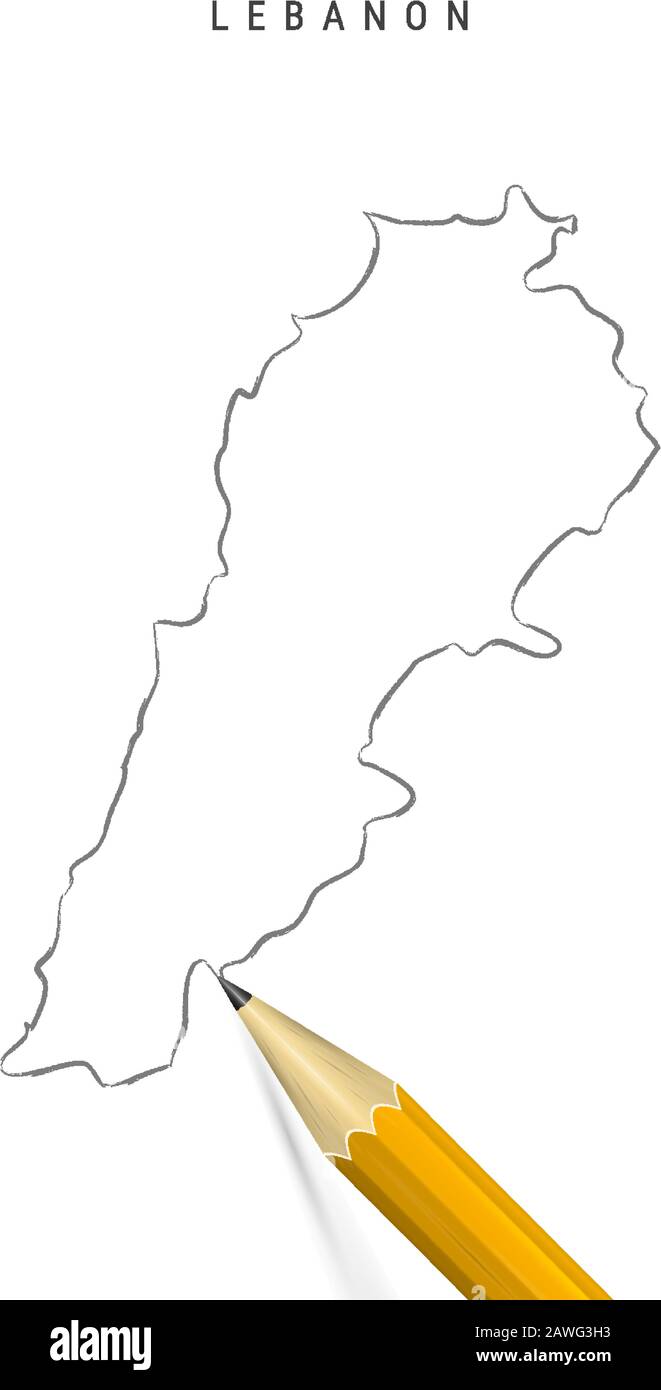 Lebanon a mano libera matita schizzo mappa contorno isolato su sfondo bianco. Mappa vettoriale vuota disegnata a mano del Libano. Matita 3D realistica con ombra morbida. Illustrazione Vettoriale