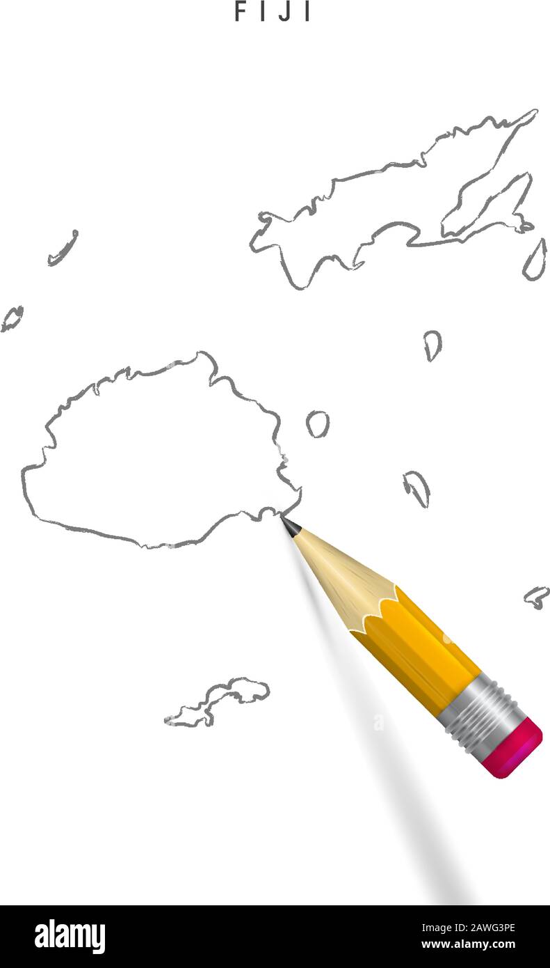 Figi mano libera matita schizzo mappa contorno isolato su sfondo bianco. Mappa vettoriale vuota disegnata a mano delle Figi. Matita 3D realistica con ombra morbida. Illustrazione Vettoriale