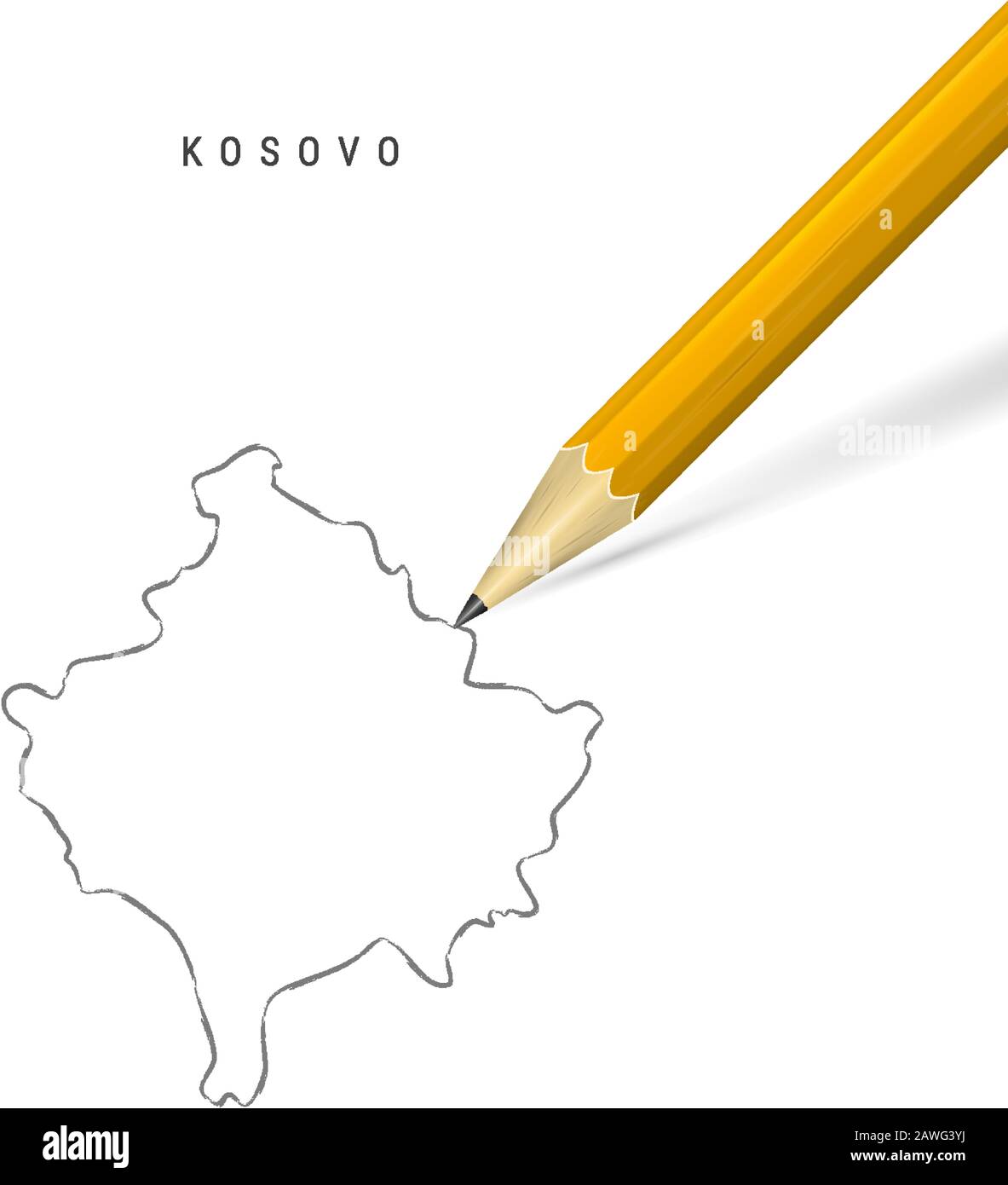 Kossovo a mano libera matita schizzo mappa contorno isolato su sfondo bianco. Mappa vettoriale vuota disegnata a mano del Kosovo. Matita 3D realistica con ombra morbida. Illustrazione Vettoriale