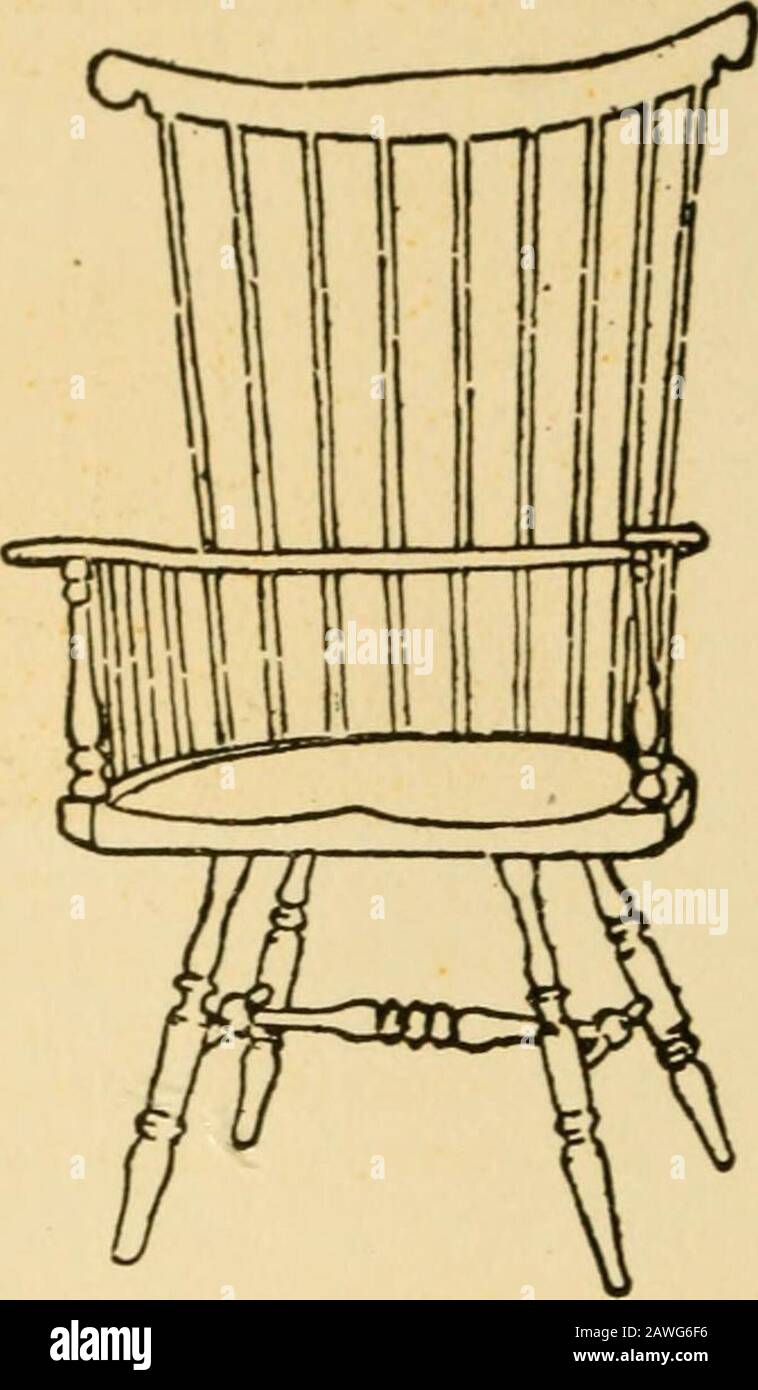 Il libro pratico di mobili d'epoca, trattamento di mobili di epoca inglese, coloniale americano e post-coloniale e principali periodi francesi. A B Fig. 5. A, Fan-back Windsor Chair; B, Comb-back Windsor Chair. Altro tipo di sedia in legno semplice aveva un'ampia ringhiera superiore che veniva stirata nei montanti, E ci sono quattro o cinque mandrini con pannelli allargati nella back.Its prima ispirazione sembra essere venuto da Holland.The setee sia di questo tipo e di Windsor affinitiesero spesso molto grazioso in forma e sono stati di sviluppo purelyAmerican. Foto Stock