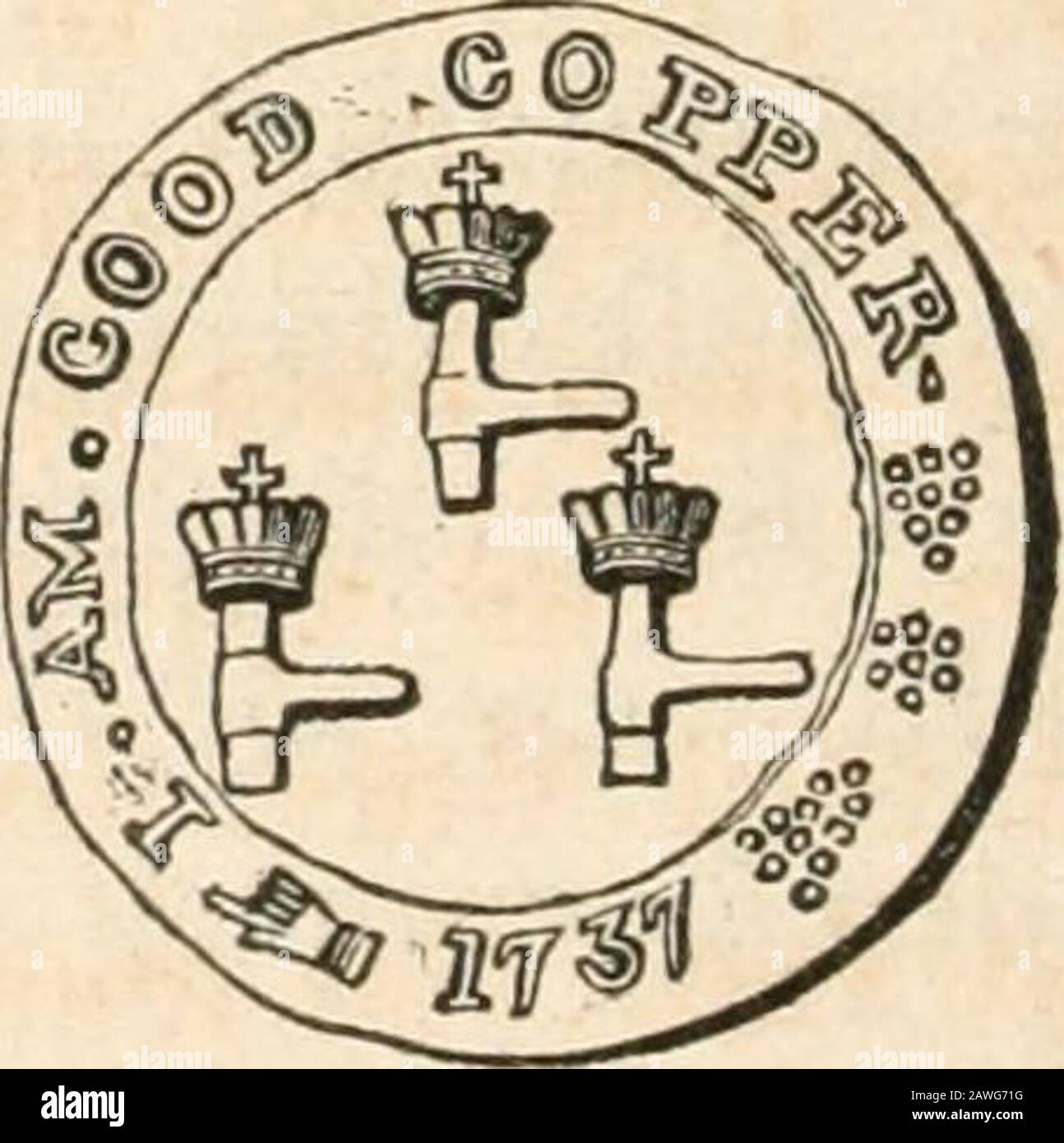 Una storia di Newgate del Connecticut, a Simsbury, ora East Granby; . Obveree.. Retromarcia. L'incisione rappresenta entrambi i lati di aGranby Newgate del Connecticut. 17 rame, ora nella Connecticut Historical Society, a Hartford. Nessun diritto pubblico era stato fatto dai colonistsper autorizzare la monetazione di denaro, o per specificare itsvalue. La specie era molto scarsa in questo paese, andla monetazione a questa menta embrionale, è stato regardedcon grande favore da residenti nelle vicinanze. Il commercio estero del paese, che era chieflyconfined all'Inghilterra, era principalmente controllato da lei; la bilancia commerciale era continuall Foto Stock