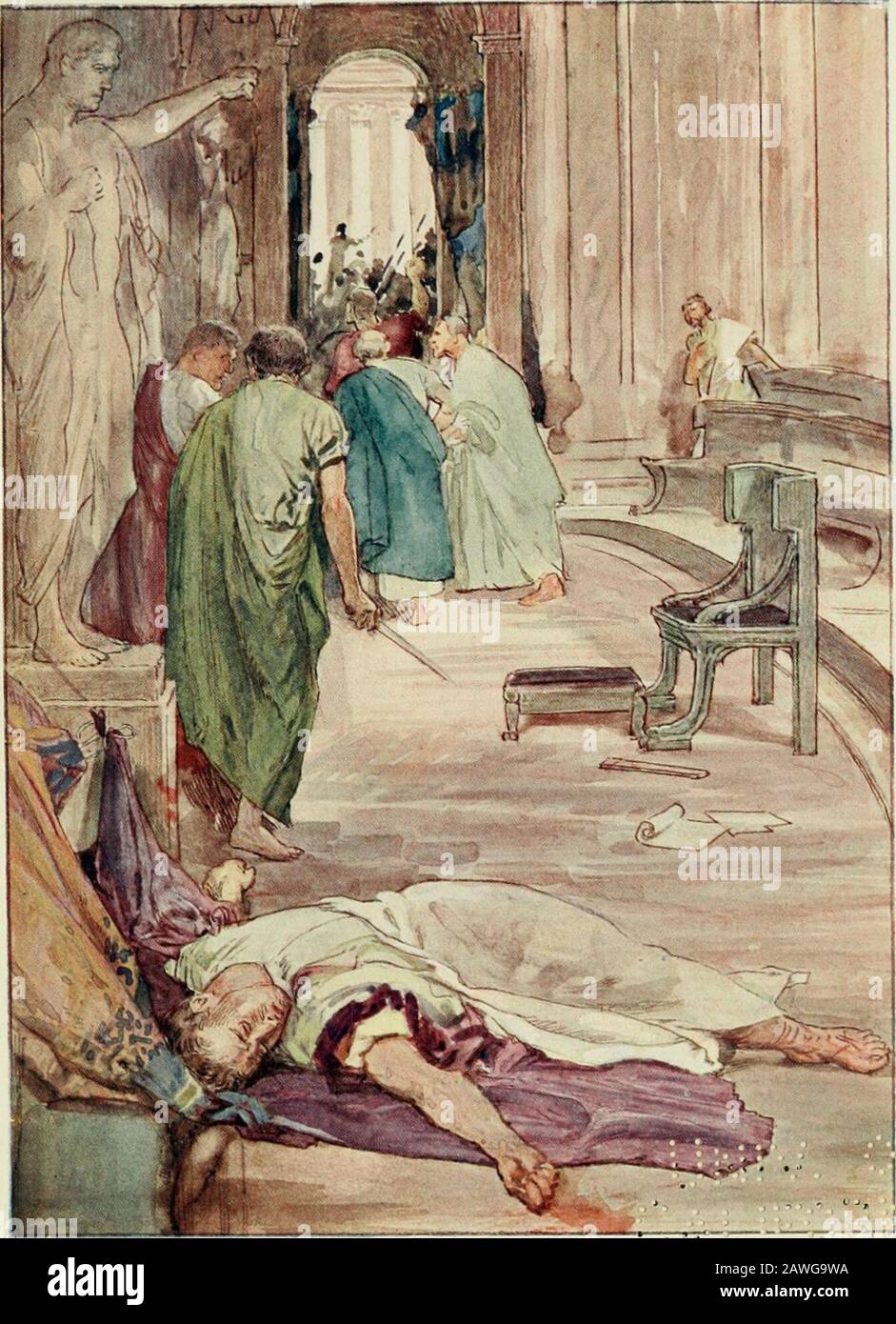 La vita di Plutarco per ragazzi e ragazze : essere selezionati vive liberamente ritold . athe piedi, writhing nell'agonia della morte. Si dice che Cesare ricevette tre-e-ventywoimds, e che molti dei suoi assassini erano woundedby i loro compagni come si affollavano intorno alle loro vittime e puntavano i loro colpi a lui. Così morì Csesar all'età di cinquantasei anni, avendo sur-vived il suo rivale Pompeo non molto più di quattro anni. Lo spirito che aveva frequentato Csesar durante tutta la vita hislife lo seguì anche dopo la morte, e mentre il suo vendicò e cacciò i suoi assassini in mare e in terra non c'era una sola sinistra di tutto Foto Stock