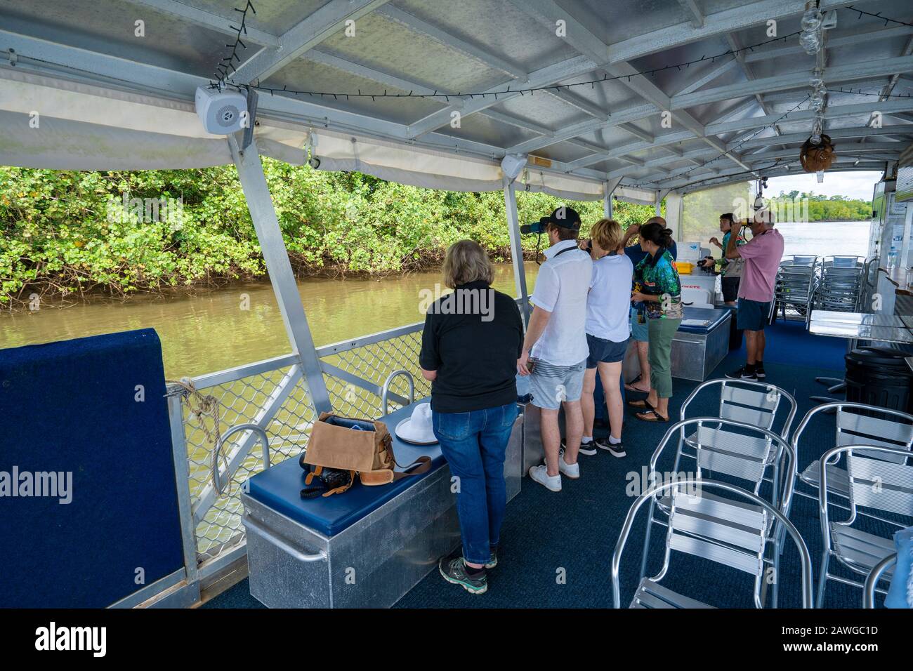 Turisti in crociera per avvistare coccodrilli sul fiume Johnstone, Queensland del Nord Foto Stock