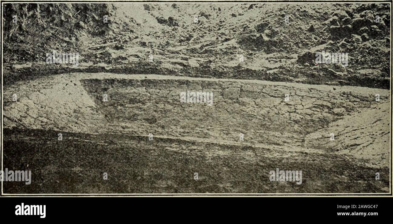 Ohio archæological e trimestrale storico . ew. Il numero di sepoltura 2, appena sotto il bordo nord del tebuilding, è stato coperto e circondato da una spessa stratificazione di materia carbonata, apparentemente mattanti e pelli, con cui sono stati associati numerosi frammenti angolari di granito. 462 Ohio Arch E Hist. Society Publications Direttamente a sud del centro del tumulo trovarono tre scheletri non cremati, tutti in un'unica tomba, e rappresentarono una sepoltura intrusiva. Gli scheletri erano quelli di due adulti, maschi e femmine, e quello di un bambino di 10 o 12 anni. Con le sepolture sono stati collocati numerosi manufatti pe Foto Stock