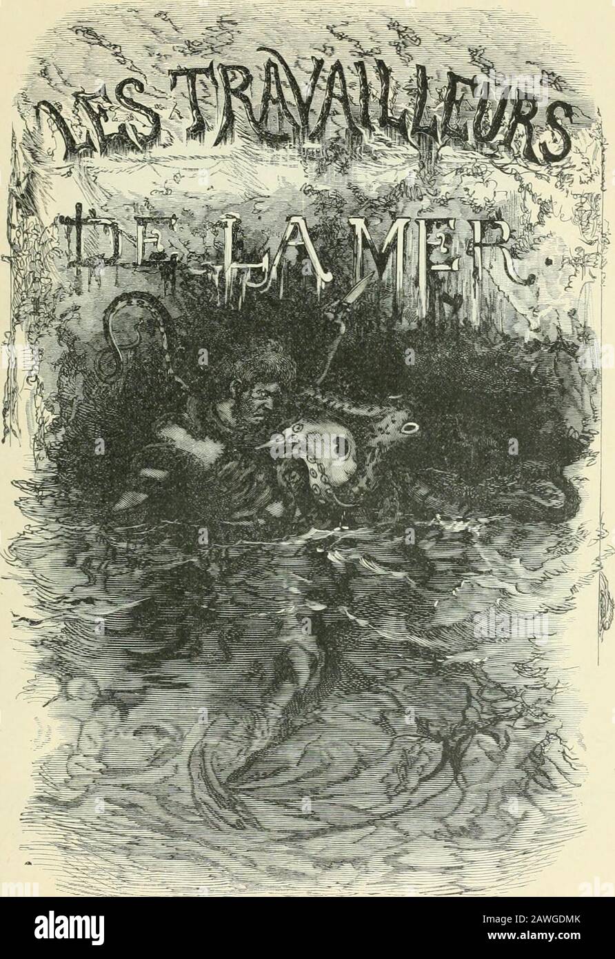 Cent dessins : extraits des oeuvres de Victor Hugo : album facimen . i^M fiiiattjj tfiliulfiiiiiâai^/itijitfw^fii::: Cane francese lui a sautô au coj, i Anglais est tombé ctraiglé. (Biig-Jdi-gal. CEST le Premier ouvrage de Victor Hugo, à 17 ans. Il y raconte un épisodramatique de la révolte des noirs à Saint-Domingue, en 1791. Bug-Jargal, héros du récit, est unnègre esclave dun colon de lîle; il aime en secret la fille de son matre, fiancée à figlio cugino, Léopold dAuverney. Celui-ci a sauvé la vie à lesclave condamné pour rébellion, et, lorsqueco;nm;ncent les massacri des blancs, Bug-Jargal p Foto Stock