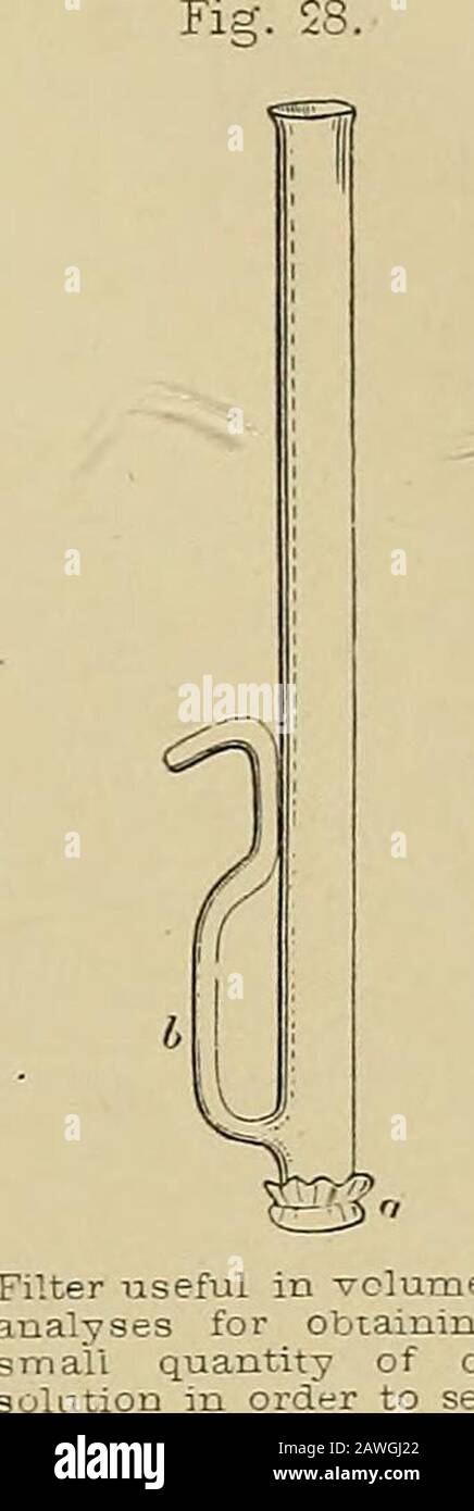 Malattie renali, depositi urinari e malattie calcolose : natura e trattamento . Figg. 30, 31. Buretta, contenente 50 centimetri cubi, e graduata a metà c., montata nel suo stand e disposta come per le analisi, un vaso di vetro in grado di contenere 600 c. 4. pipetta graduata di tenuta 20 c. c, india-tubo di gomma mediante il quale il contenuto della pipetta viene fatto fluire come richiesto, d è la buretta, ad esempio piccoli pezzi di gomma indiana per fissare la buretta al suo posto. /, tubo di gomma dell'india che collega l'estremità della buretta con il thespout, e capace di essere compresso dai giri Foto Stock