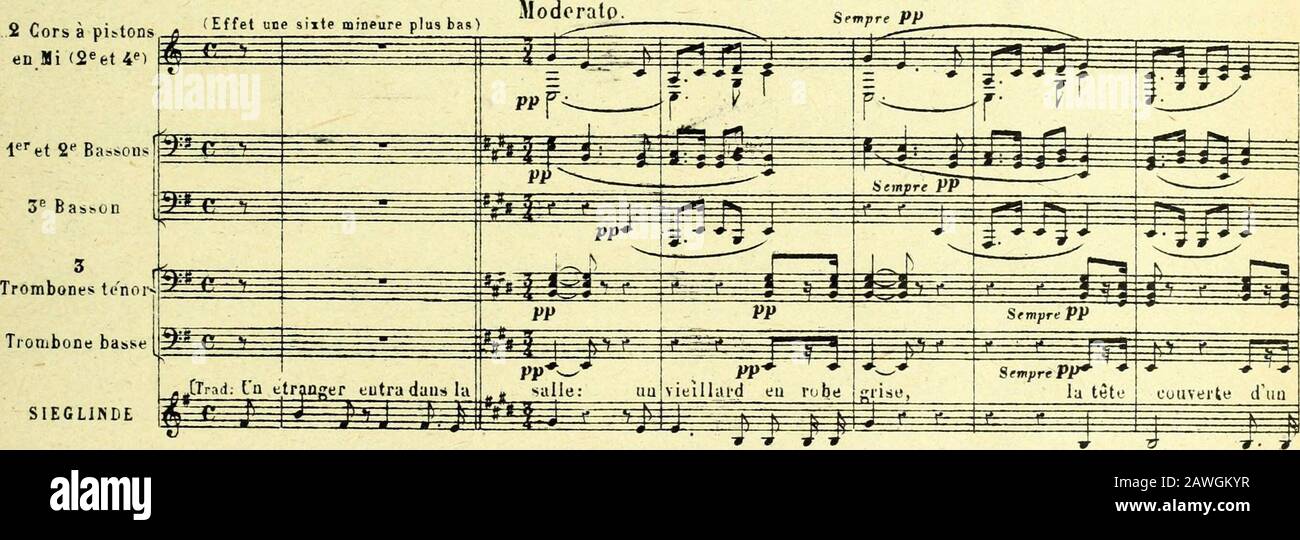 Nouveau traité d'strumentation . Meyerbeer, LE PROPHETE. ACTE IV,Complainte de la mendiante ( p. 508 de la gr. Part.) En Allemagne Richard Wagner un introviduit lusage, depuis Lohengrin (1847), décrire troisparties de basson. &gt; ex.234. 2 Cors à pistonsen Mi &lt;2eet IE). SIEGLIKDE Ein Fremdpr trat du hcr - stagno, cin Greis in grauem Ge.wand; Trois cors  tief Hing ihm dei Cor? Foto Stock