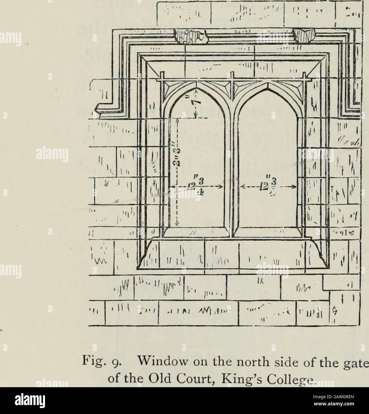 La storia architettonica dell'Università di Cambridge, e dei college di Cambridge ed Eton . sempre em-strataged per le finestre dei primi edifici collegiali, ex-cept per quelli di sale e cappelle. Nel successivo edificio di Cambridge troviamo le muffe di cappa date alle finestre del Kings College (fig. 9), della vecchia corte del Jesus College, del Masters Lodge e di altre parti del Christs College, di entrambi i tribunali del S. JohnsCollege, del fronte di strada del Magdalene College, delle camere al piano terra nel grande tribunale del Trinity College, della corte di noce-albero del Queens College, e della Perse A. Foto Stock