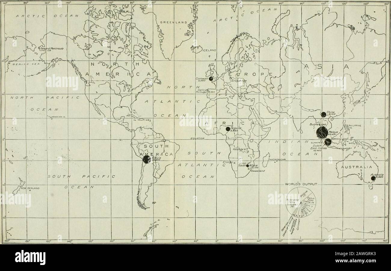 Risorse minerali degli Stati Uniti, 1917--Parte i--Metalli . 9 per cento dai cartelli. Nel 1916 queste proporzioni erano 27per per cento e 73 per cento, rispettivamente.4 la produzione mondiale di stagno nel 1916 è mostrata Nella Piastra I. Thelocations dei centri di produzione nei paesi enumeratedin la tabella sono dati, tranne che nell'illustrazione le uscite degli stati malesi Federati, Degli stati britannici protetti malesi, e del Siam (tutti provenienti dagli stati malesi siamesi) sono stati aggiunti insieme e accreditati a Malaya. I Federated Malay States Mines Dept. Per 1914,1915, e. Foto Stock